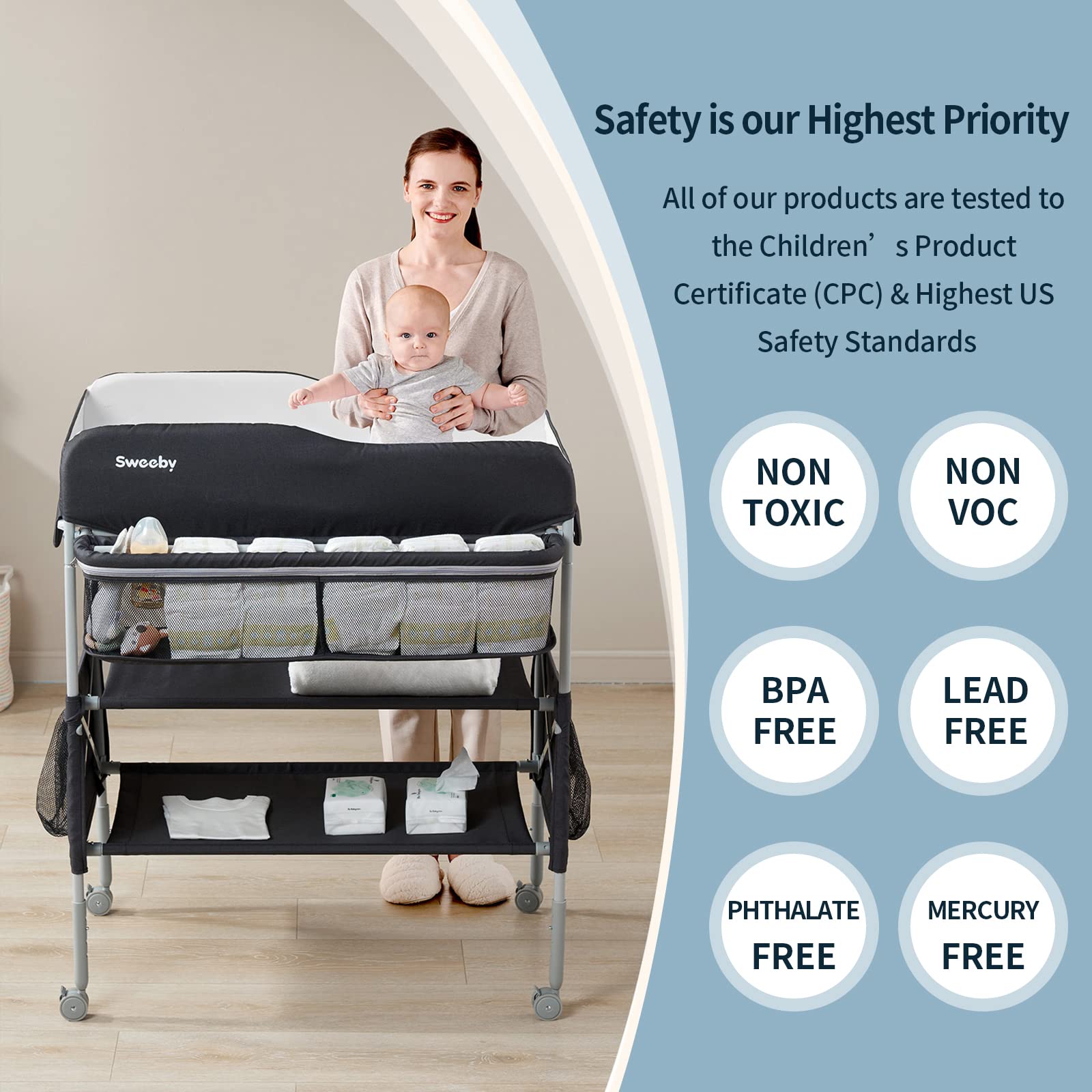 Sweeby wheels glide quietly to move nursery stations on wood floors