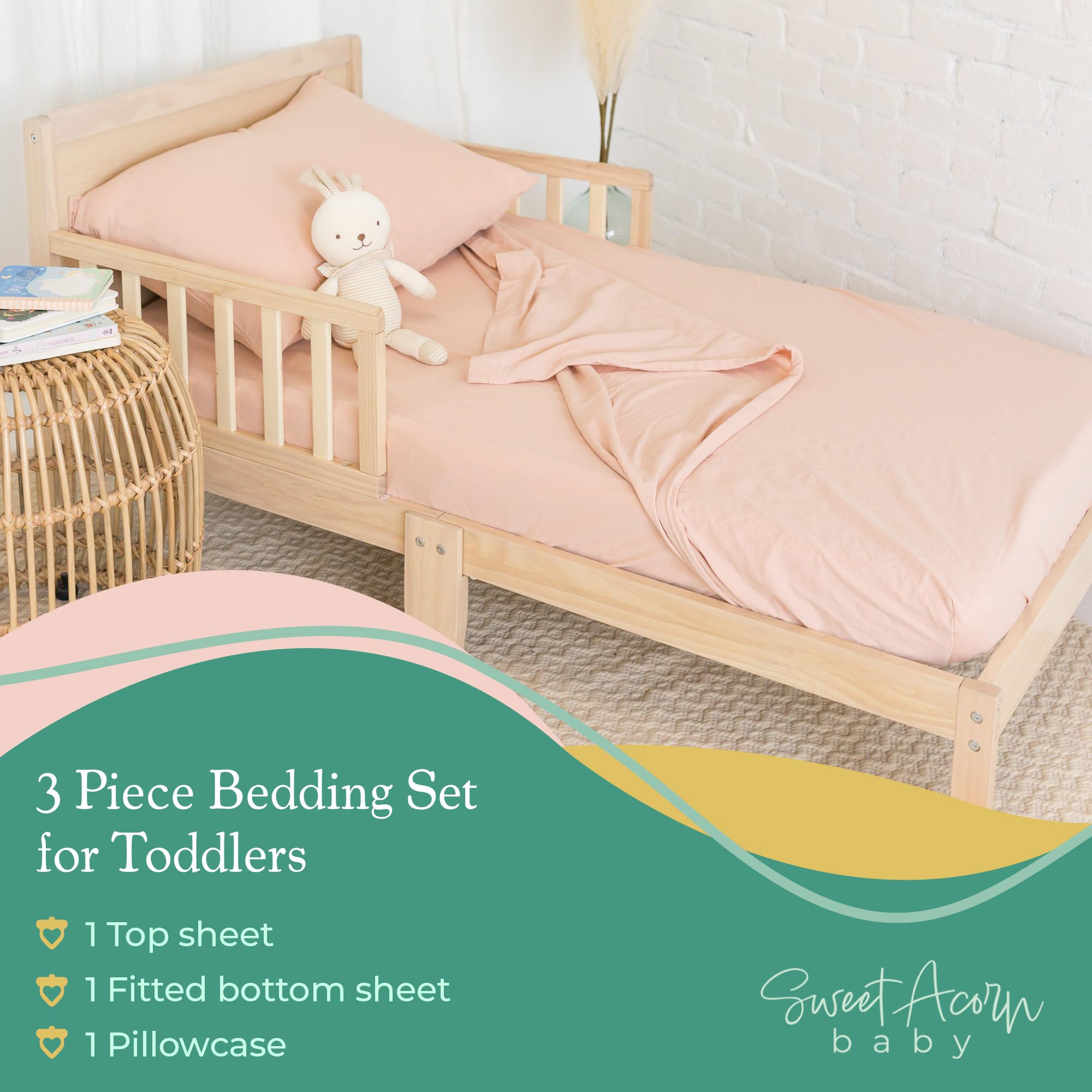 Sweet Acorn crib-fit detail shows secure 9x28x52 inch coverage for convertible cribs.