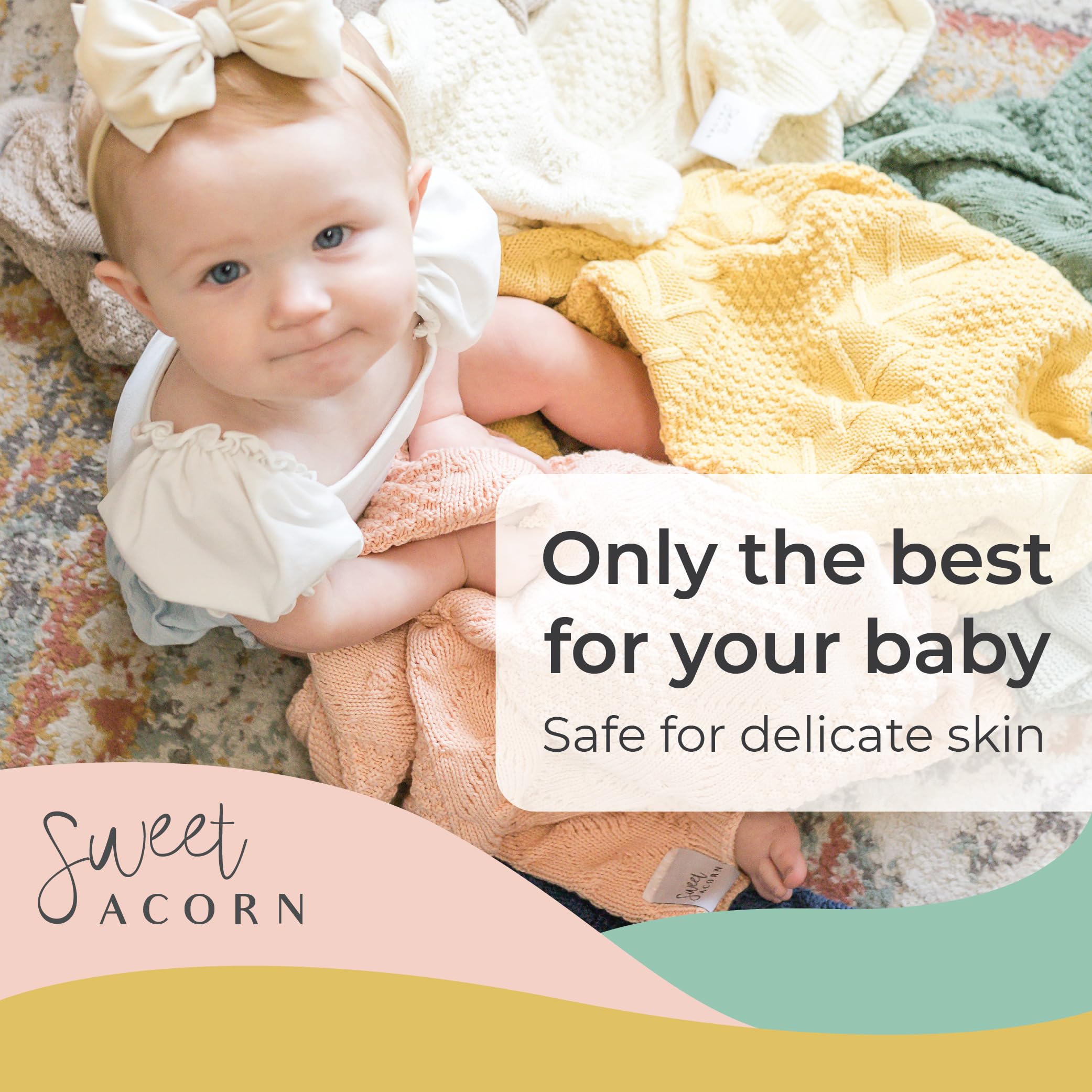 Sweet Acorn knit baby blanket butter yellow highlights warm nursery accent and cuddle-ready comfort.