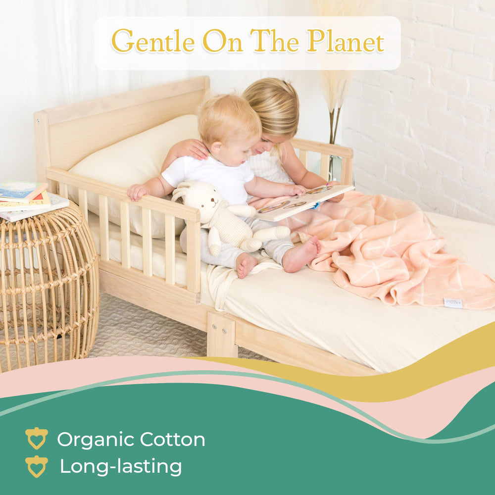 Sweet Acorn organic cotton jersey knit fabric closeup, soft yet breathable for warm nights.