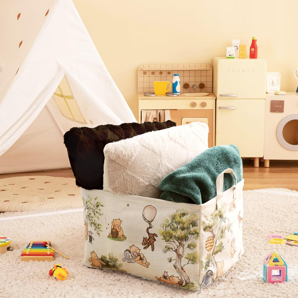 Sweet Baby Co Winnie Pooh basket in a nursery setup for toys, clothes, and linens