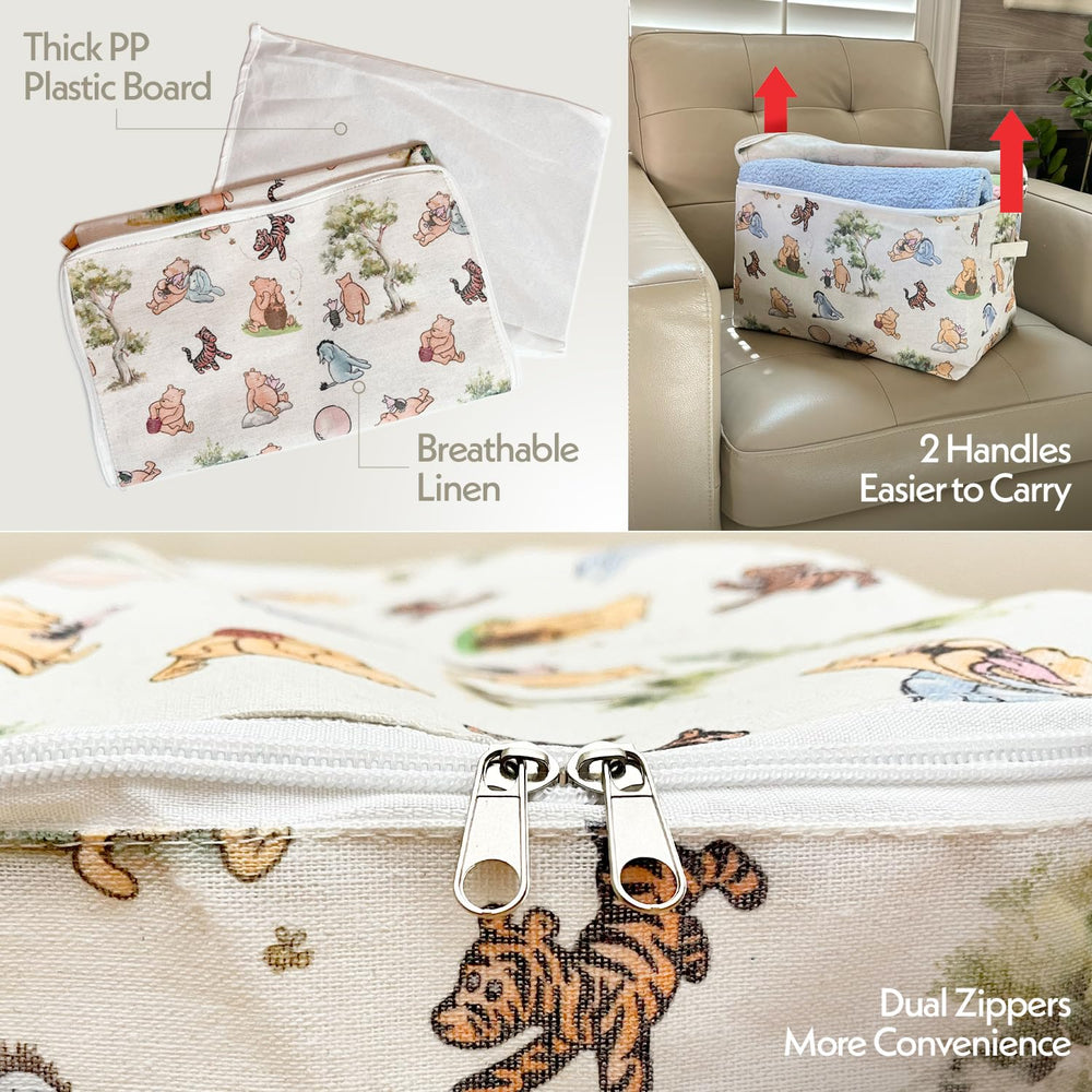 Sweet Baby Co Winnie Pooh basket in use for laundry and toys.