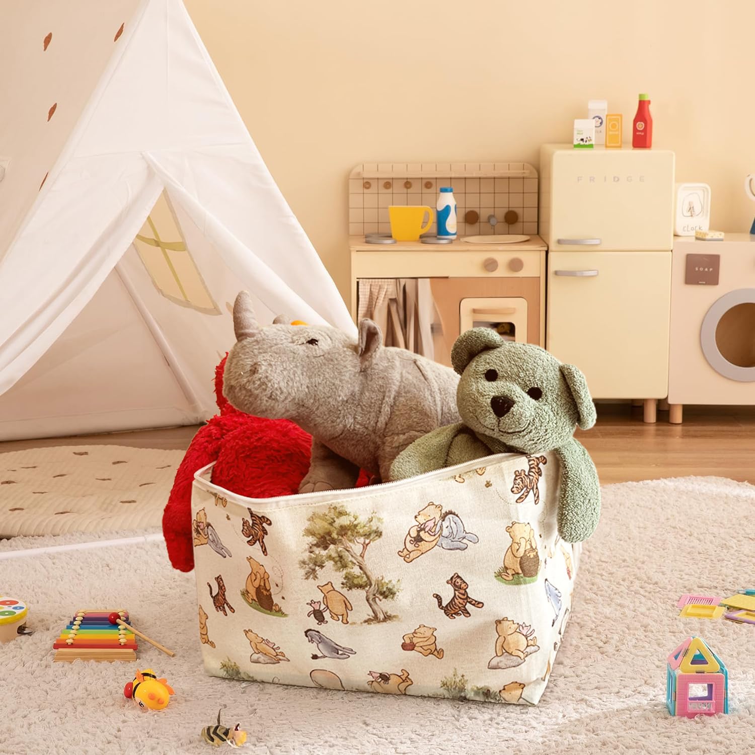 Sweet Baby Co Winnie Pooh basket as nursery decor and keepsake organizer.