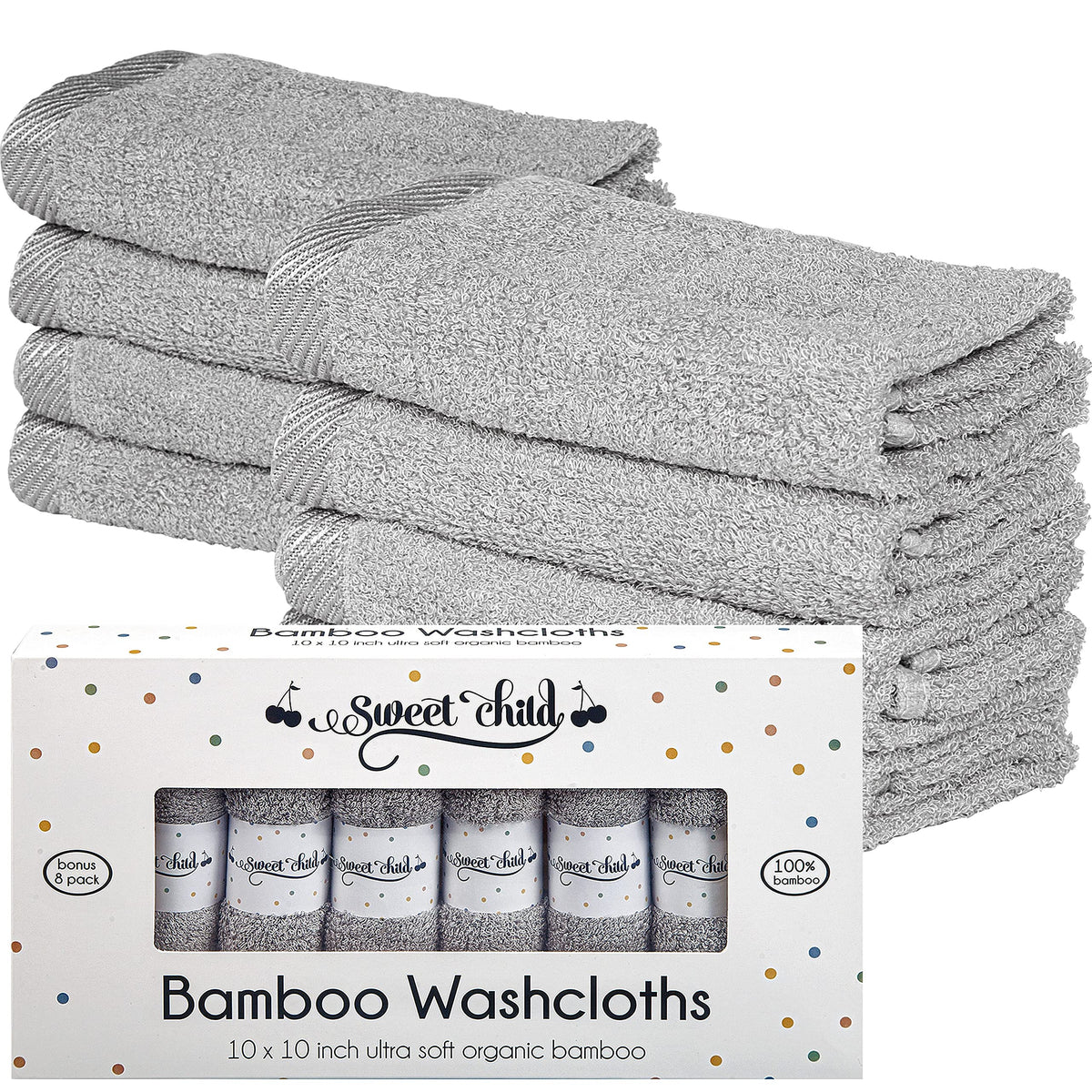 Sweet Child 8-pack washcloth close-up shows ultra-soft viscose fibers for sensitive skin.