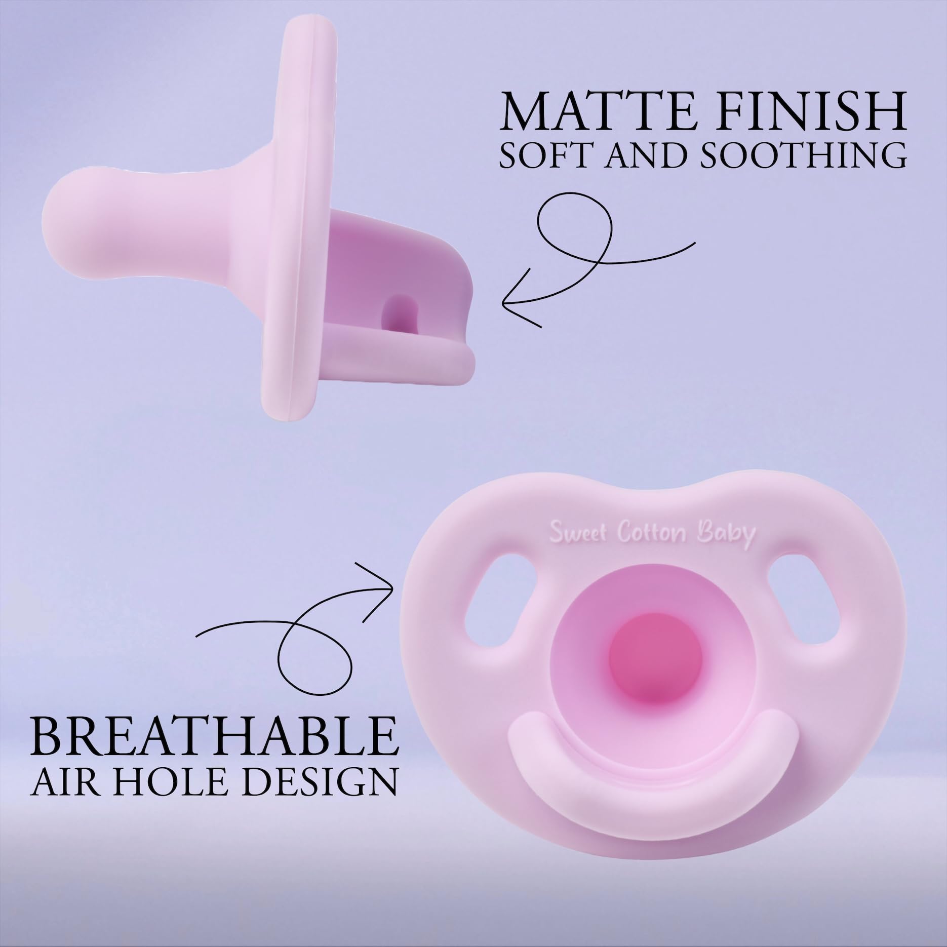 Sweet Cotton Baby pacifier BPA-free silicone ensures safe, flexible soothing.