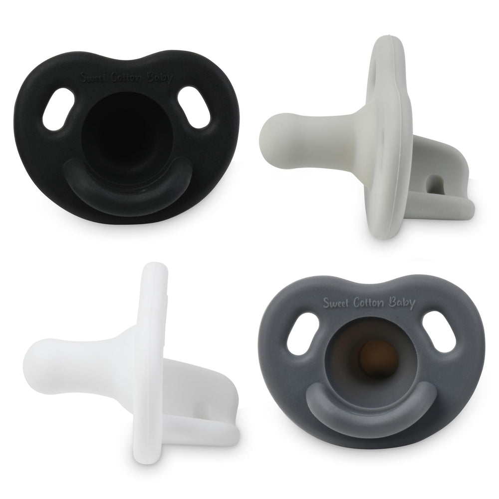 Sweet Cotton Baby Pacifier soft silicone newborn closeup promotes natural latch.