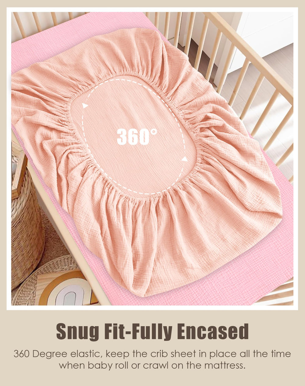 Sweet Dolphin 52x28 crib sheets mattress-fit elastic-hem showing secure edge.