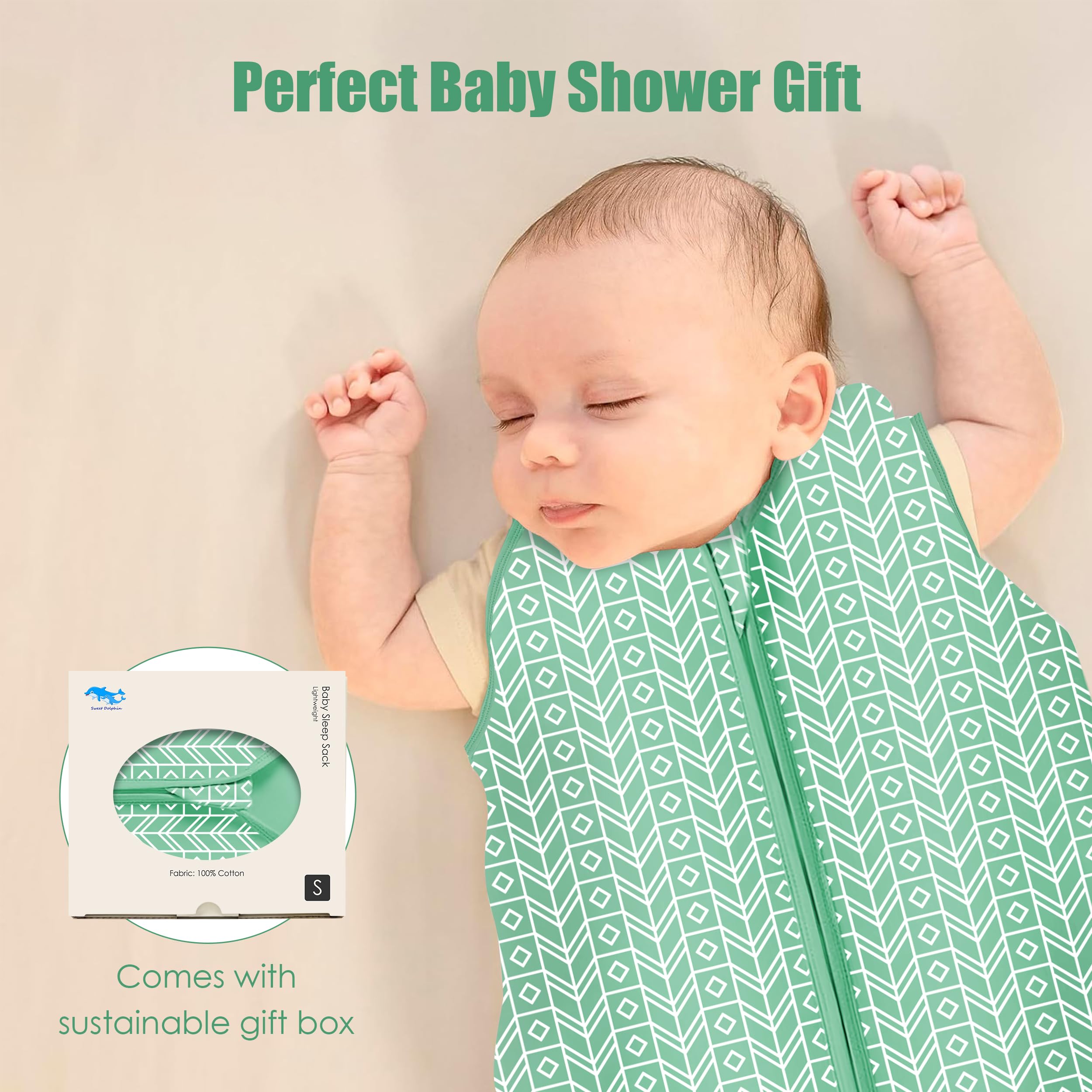 Sweet Dolphin sleep sack green machine washable for easy care.