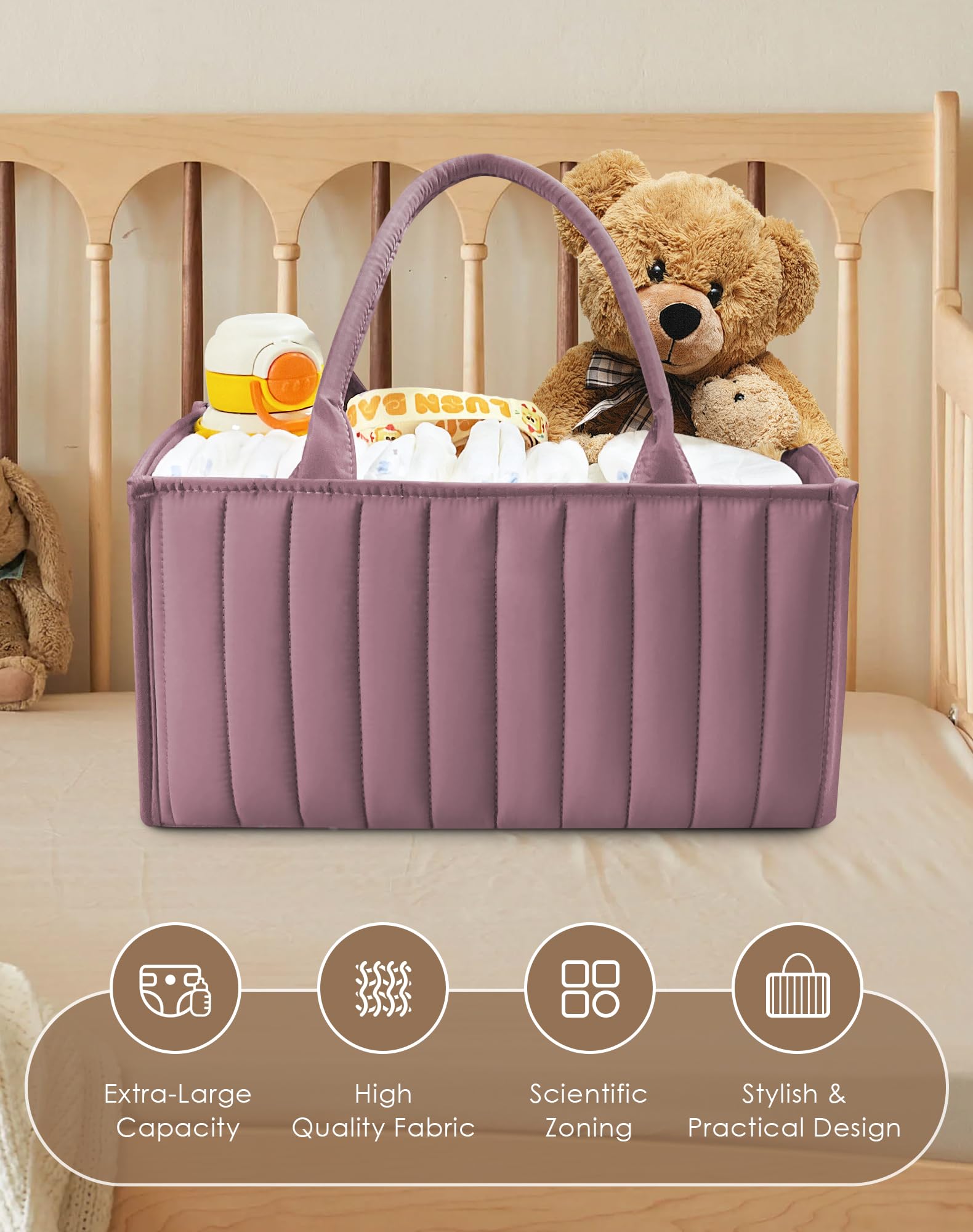 Sweet Dolphin tan diaper caddy shown beside changing table for stylish organization.