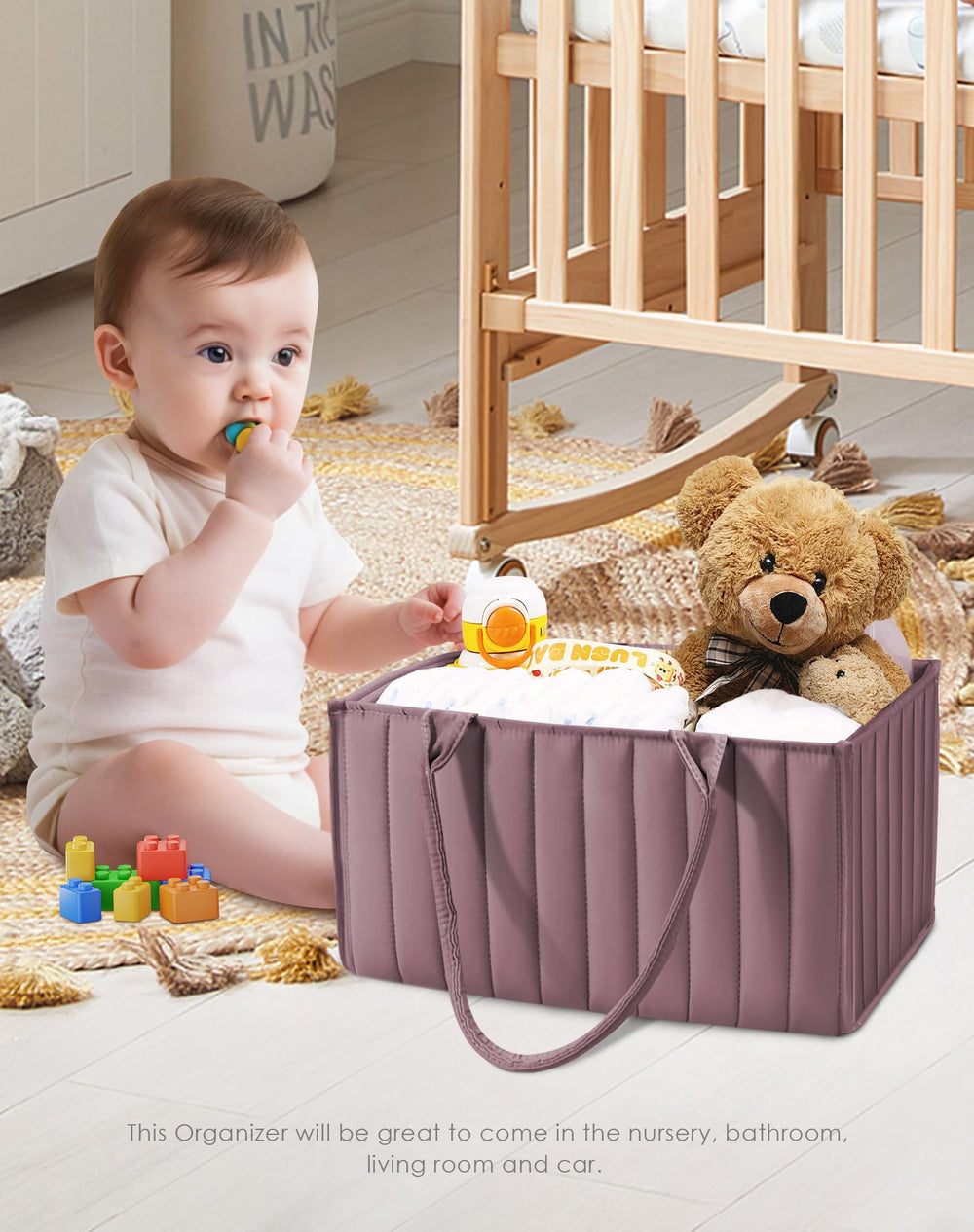 Sweet Dolphin diaper caddy with travel-ready handles for car trips and on-the-go care.