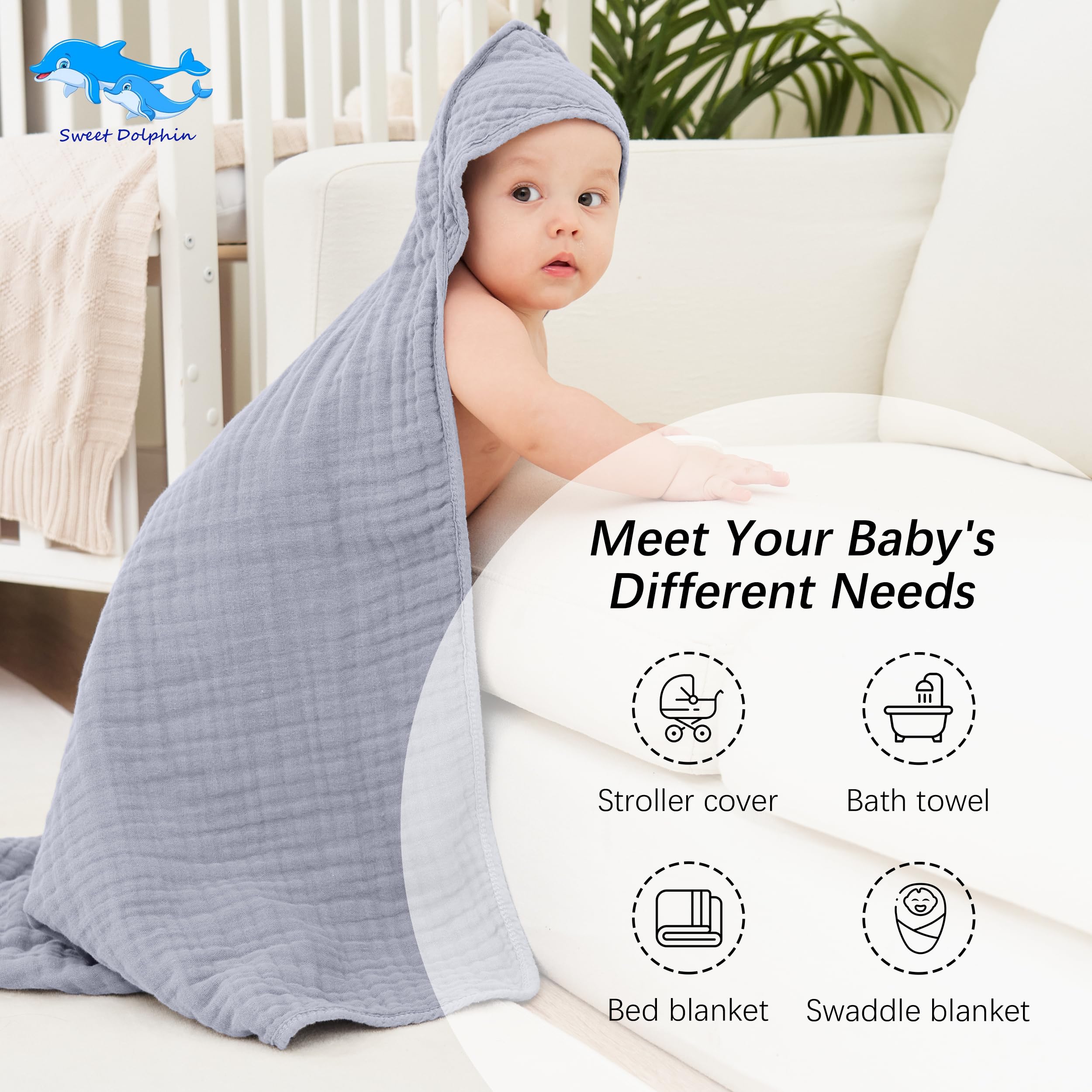 Sweet Dolphin Muslin Hooded Towel is machine washable for busy families.