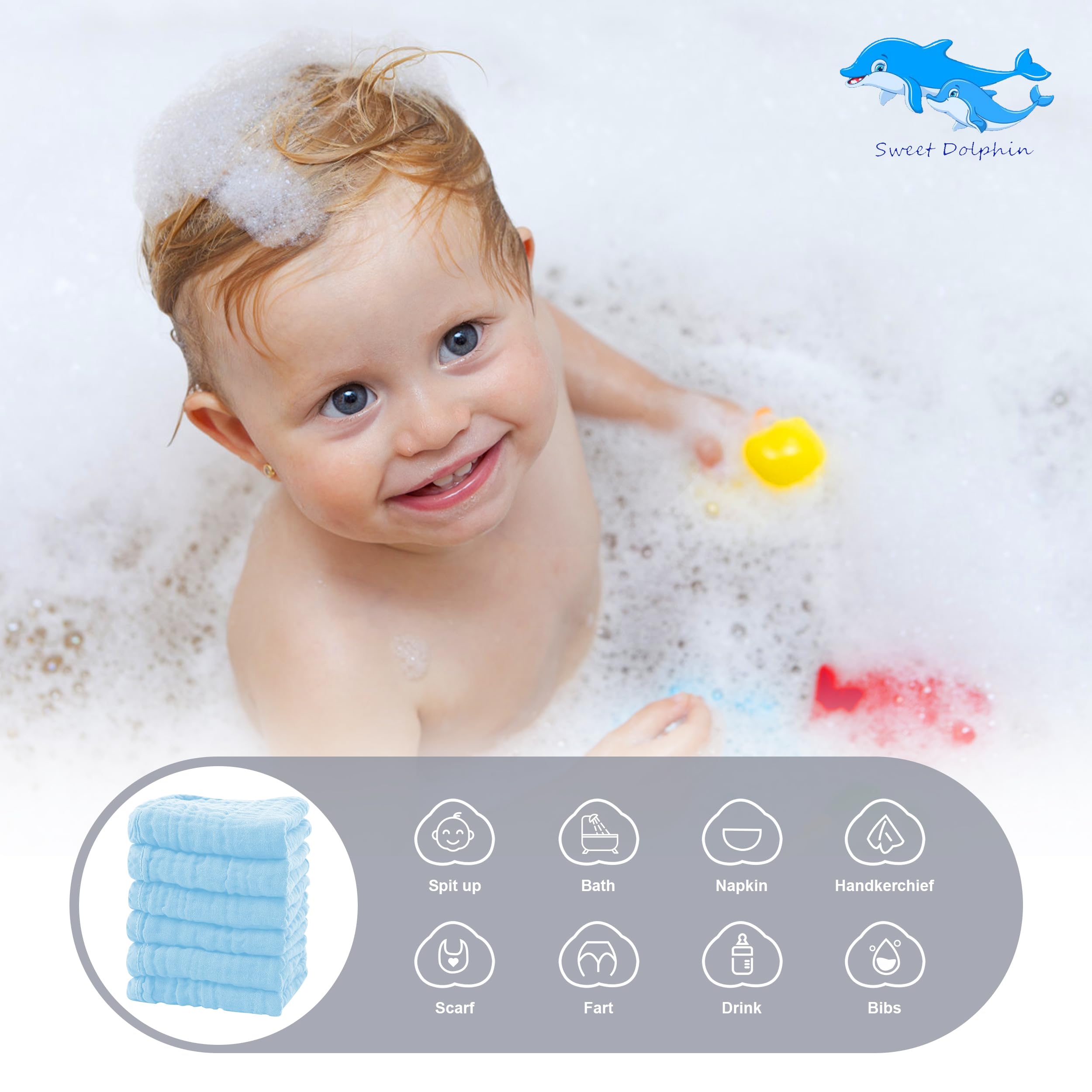 Sweet Dolphin muslin washcloths absorbent soft — daily baby care.