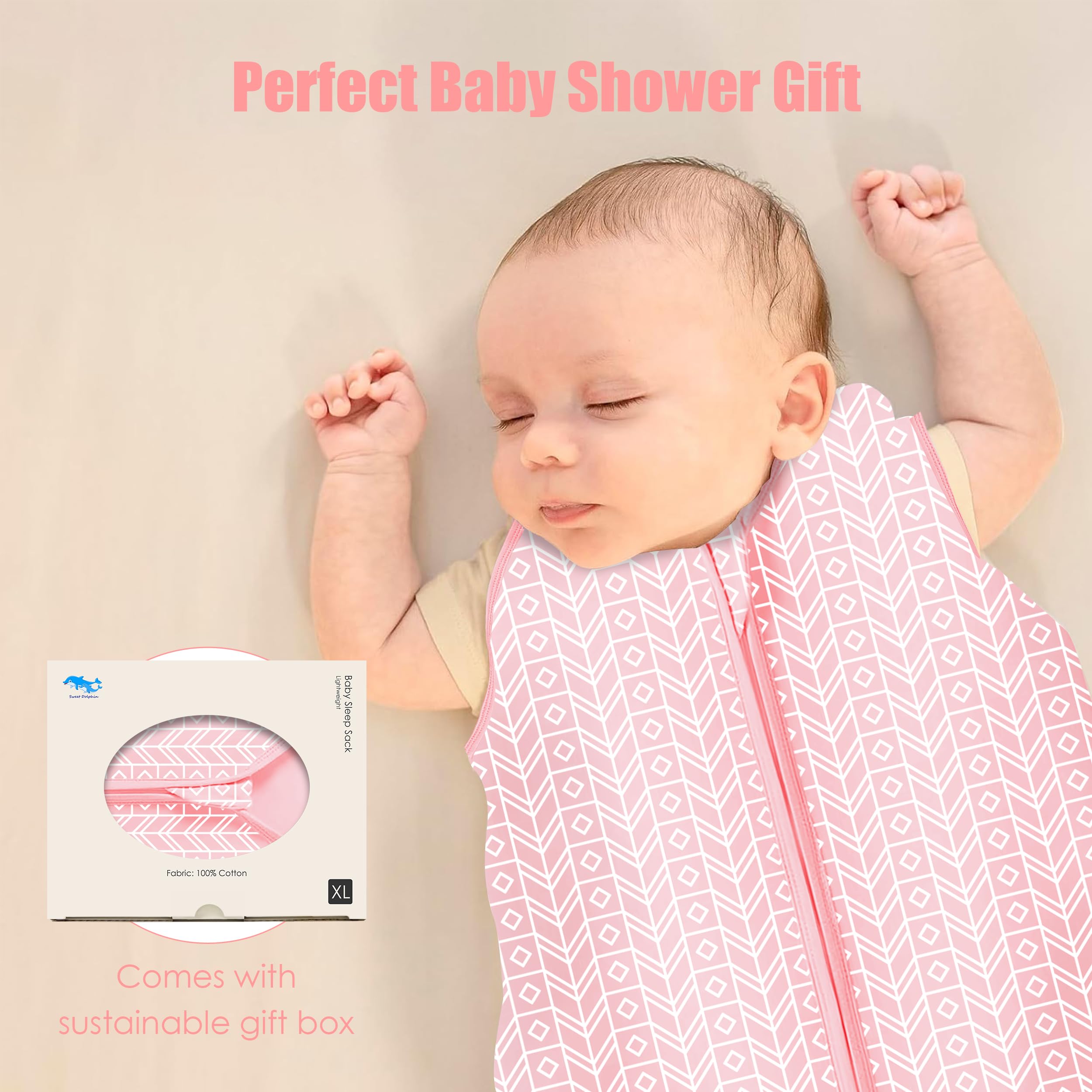 Sweet Dolphin sleep sack pink flat lay with size range and three-pack set.