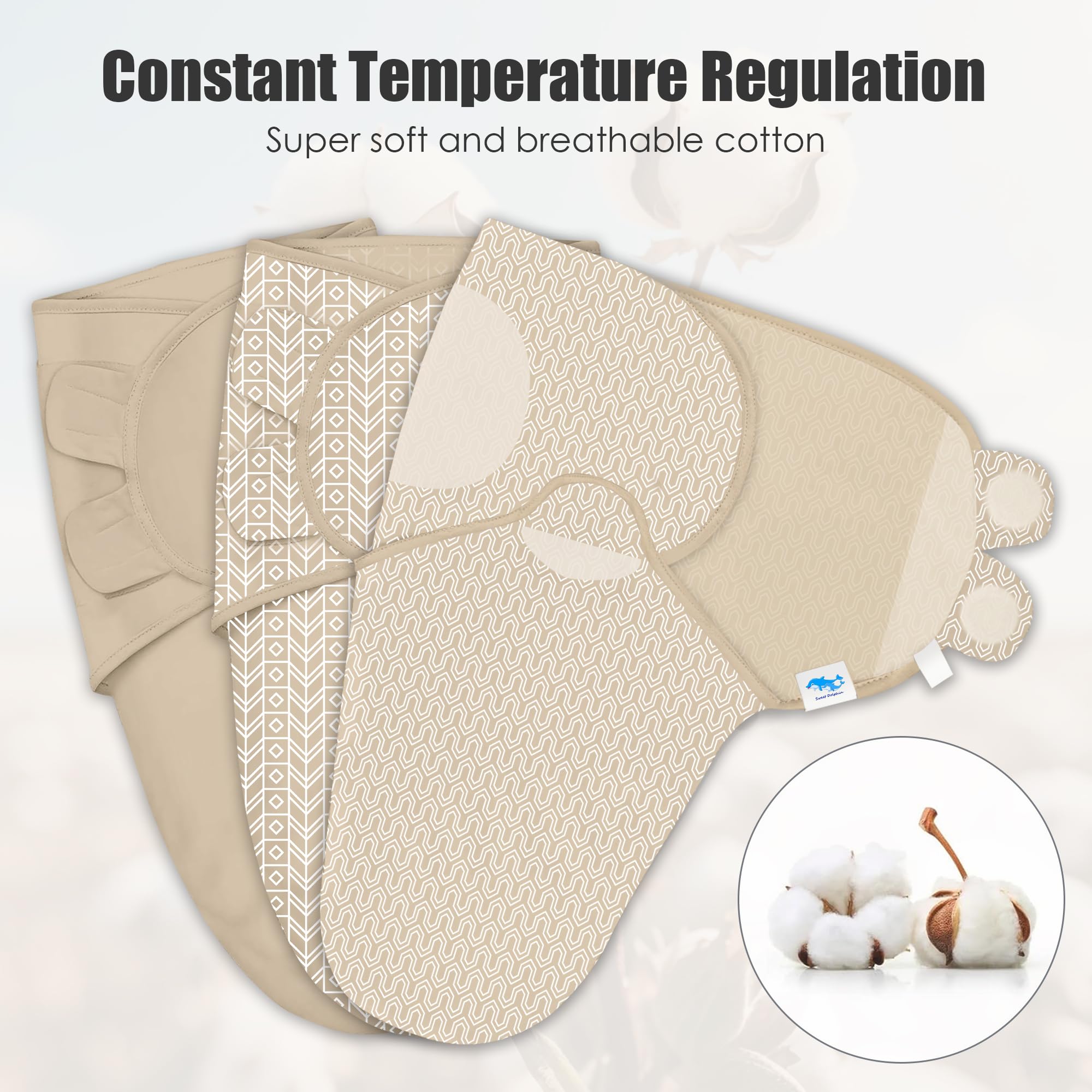 Sweet Dolphin ergonomic wrap brown swaddle shows secure snug fit for peaceful sleep.