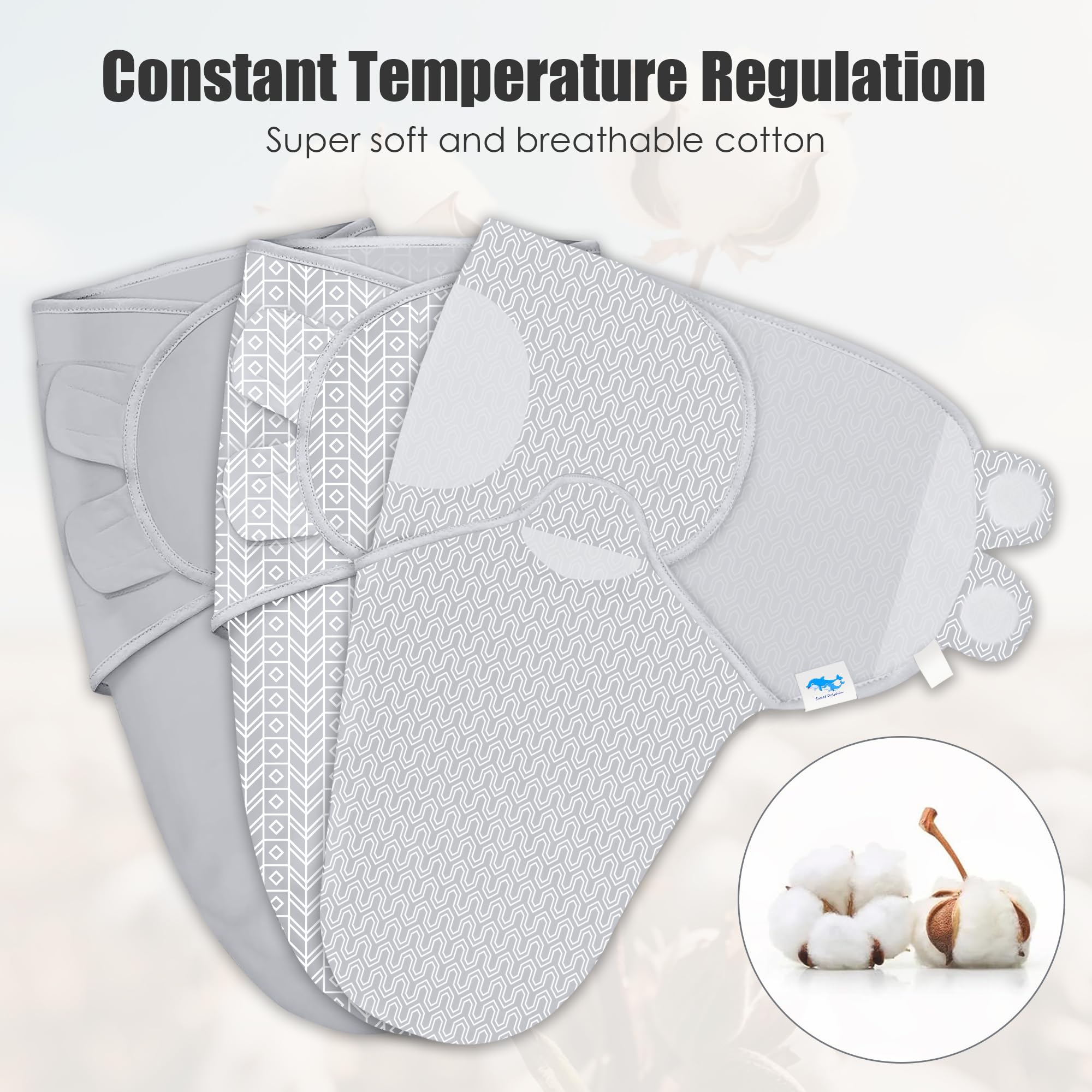Sweet Dolphin swaddle sack ergonomic wrap supports snug, secure positioning.