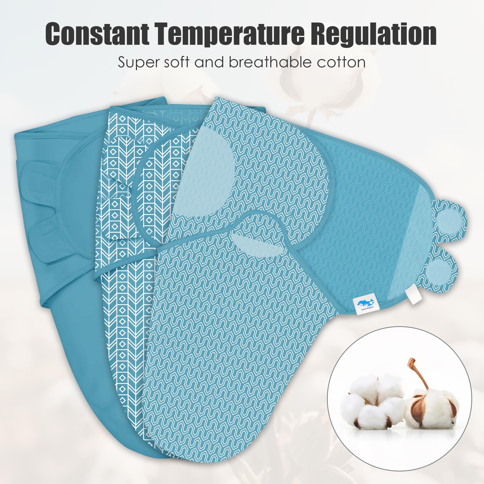 Sweet Dolphin swaddle Velcro closure closeup highlights secure fit and gentle removal