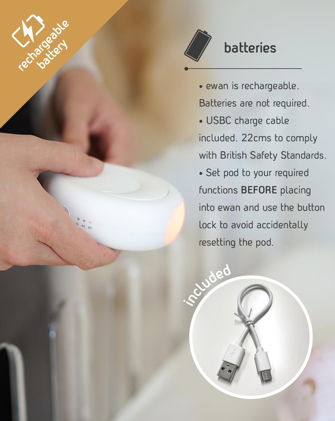 Sweet Dreamers Ewan Deluxe gray cry sensor image indicates automatic resettling when baby cries.