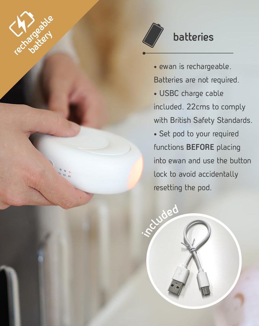Sweet Dreamers Ewan Deluxe gray cry sensor image indicates automatic resettling when baby cries.