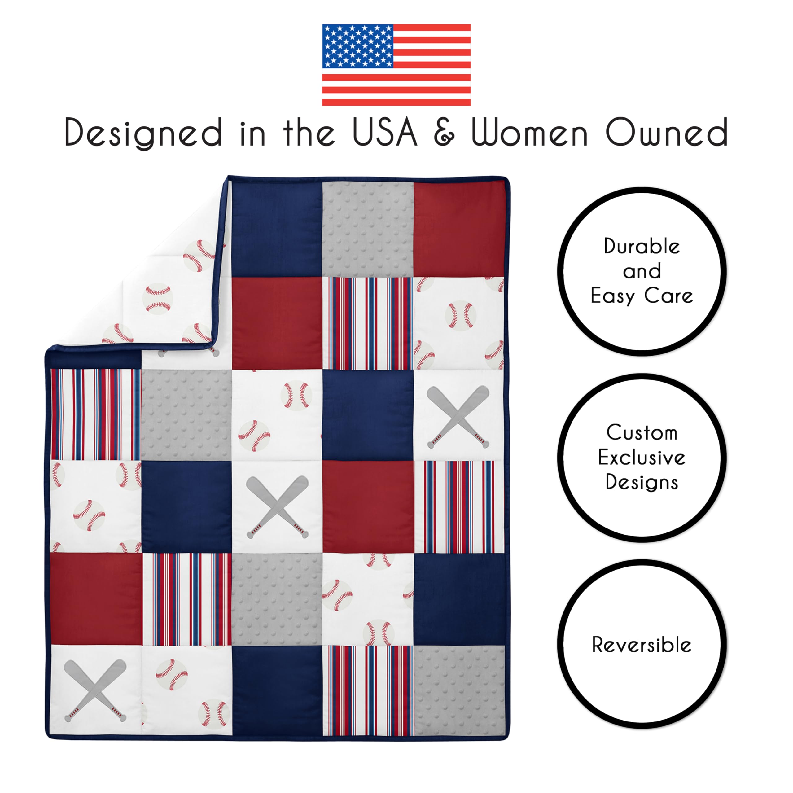 Sweet Jojo Designs baseball patch skirt adds stylish drop and tidy space under crib.