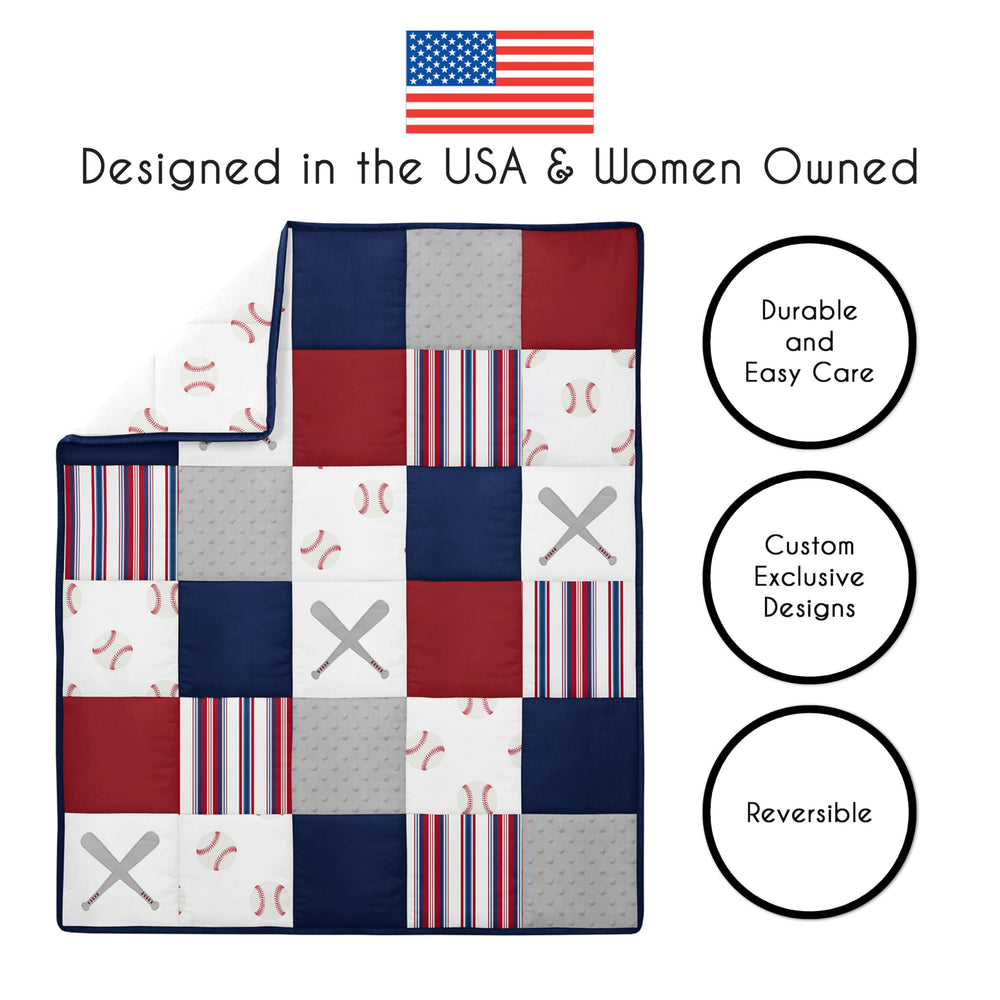 Sweet Jojo Designs baseball patch skirt adds stylish drop and tidy space under crib.