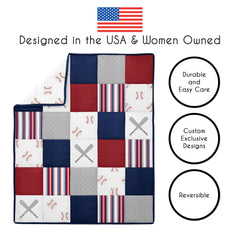 Sweet Jojo Designs baseball patch skirt adds stylish drop and tidy space under crib.