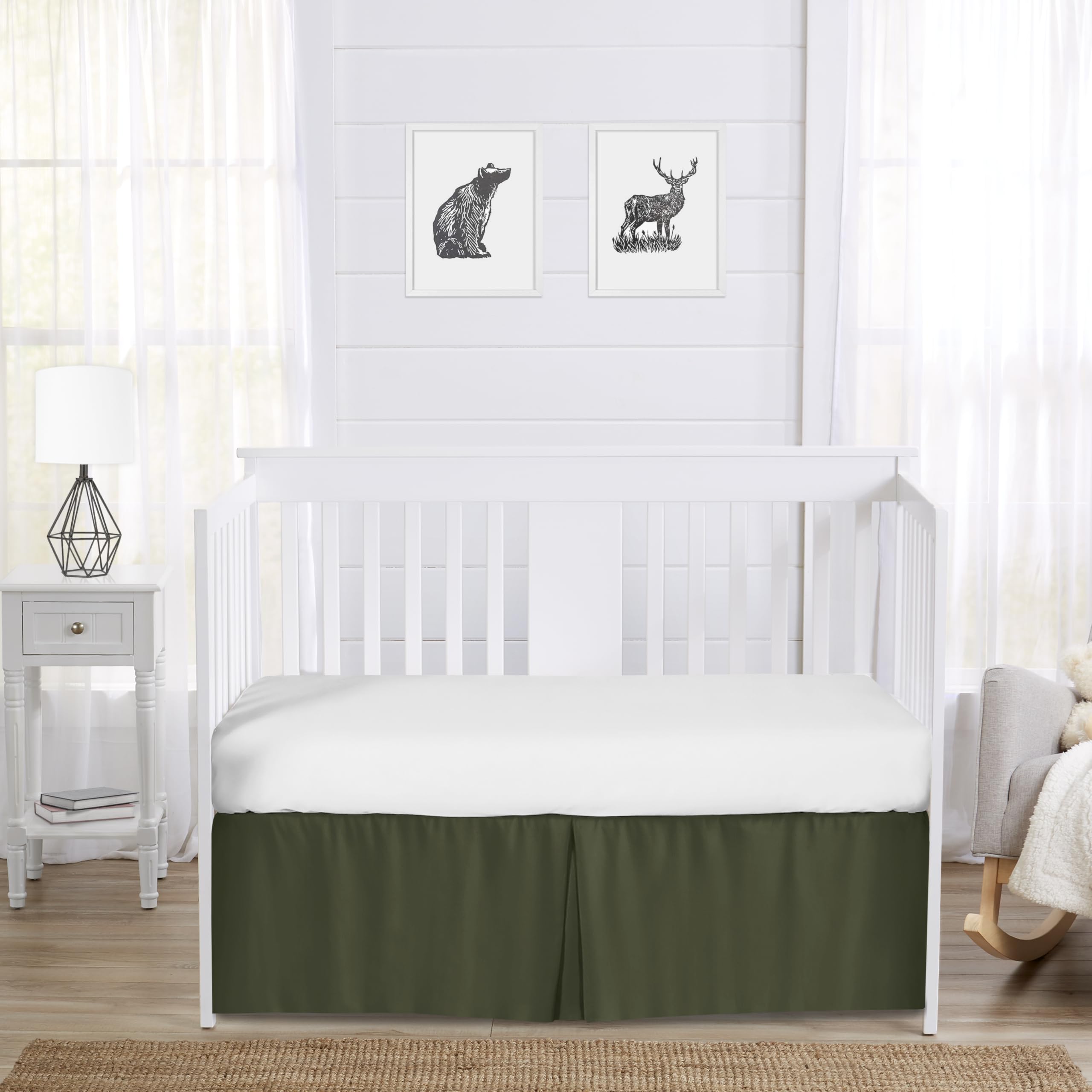Sweet Jojo Designs brushed microfiber dark green crib skirt offers soft touch and easy care for busy nurseries.