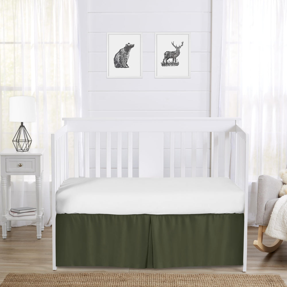 Sweet Jojo Designs brushed microfiber dark green crib skirt offers soft touch and easy care for busy nurseries.