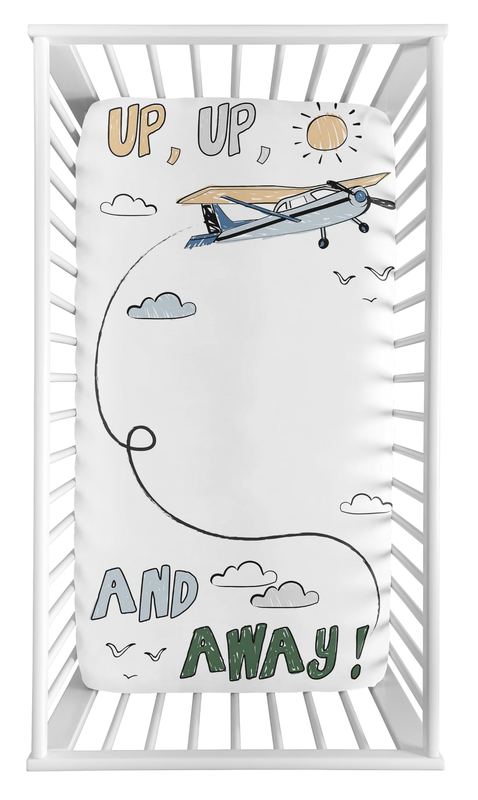 Sweet Jojo Designs airplane print crib sheet promotes bright nursery aesthetics and easy care.