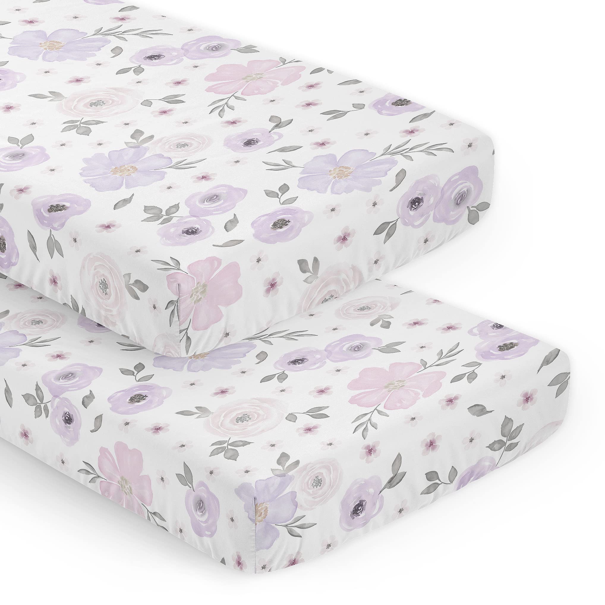 Sweet Jojo Designs crib sheets purple-gray floral closeup for gentle, cozy sleep ambiance.