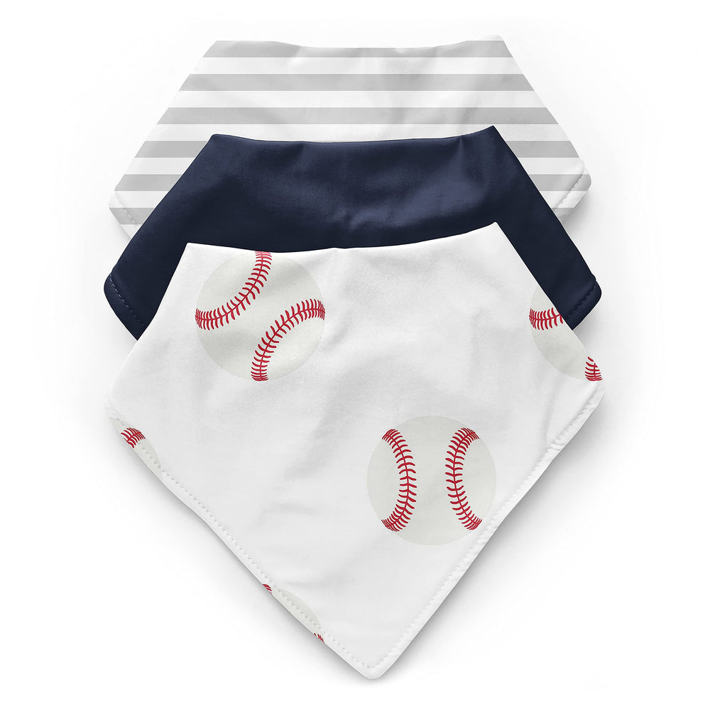 Sweet Jojo Designs baseball bib set closeup of absorbent fabric for spill-prone meals.