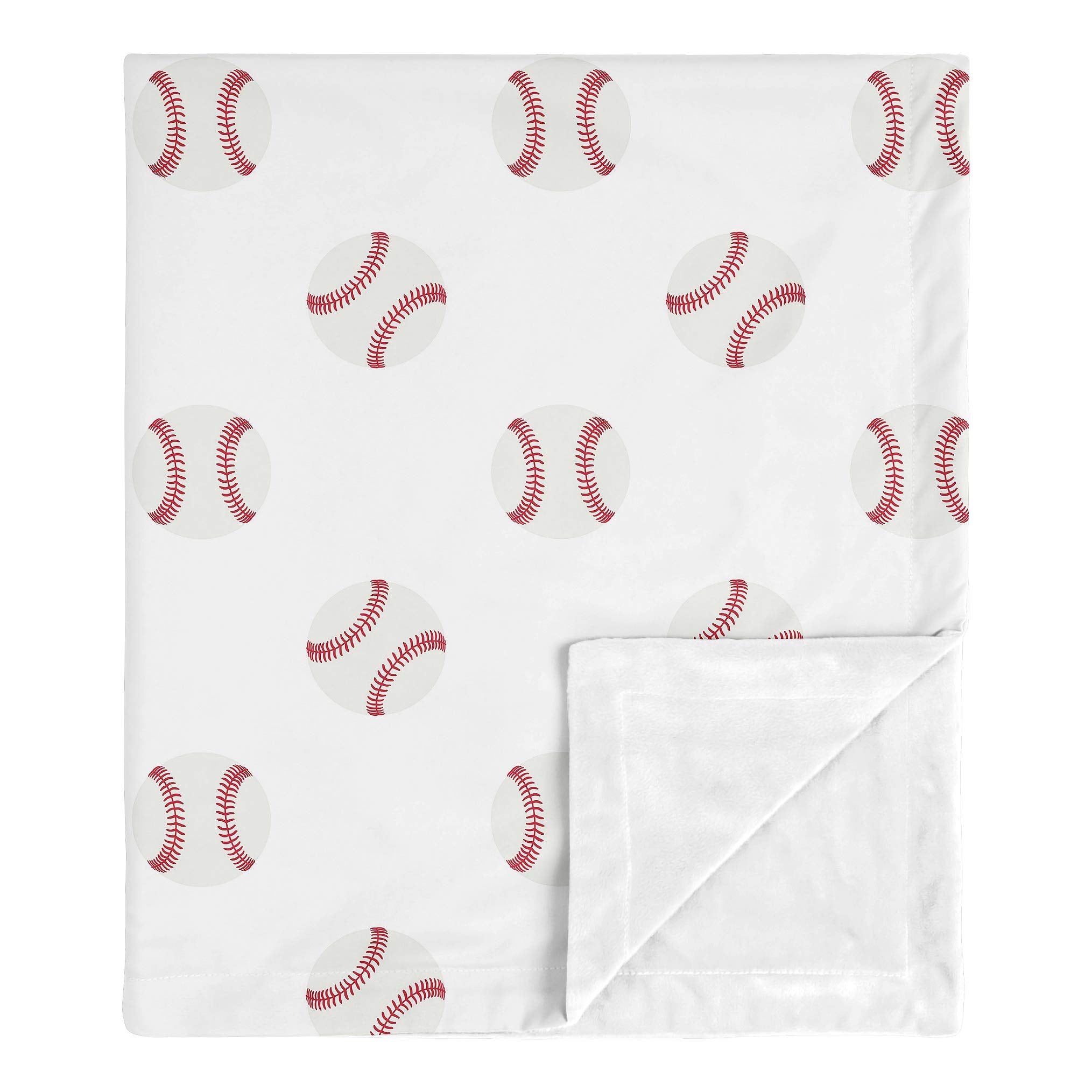 Sweet Jojo Designs baseball patch swaddle blanket; red and white print for cozy newborn cuddles.