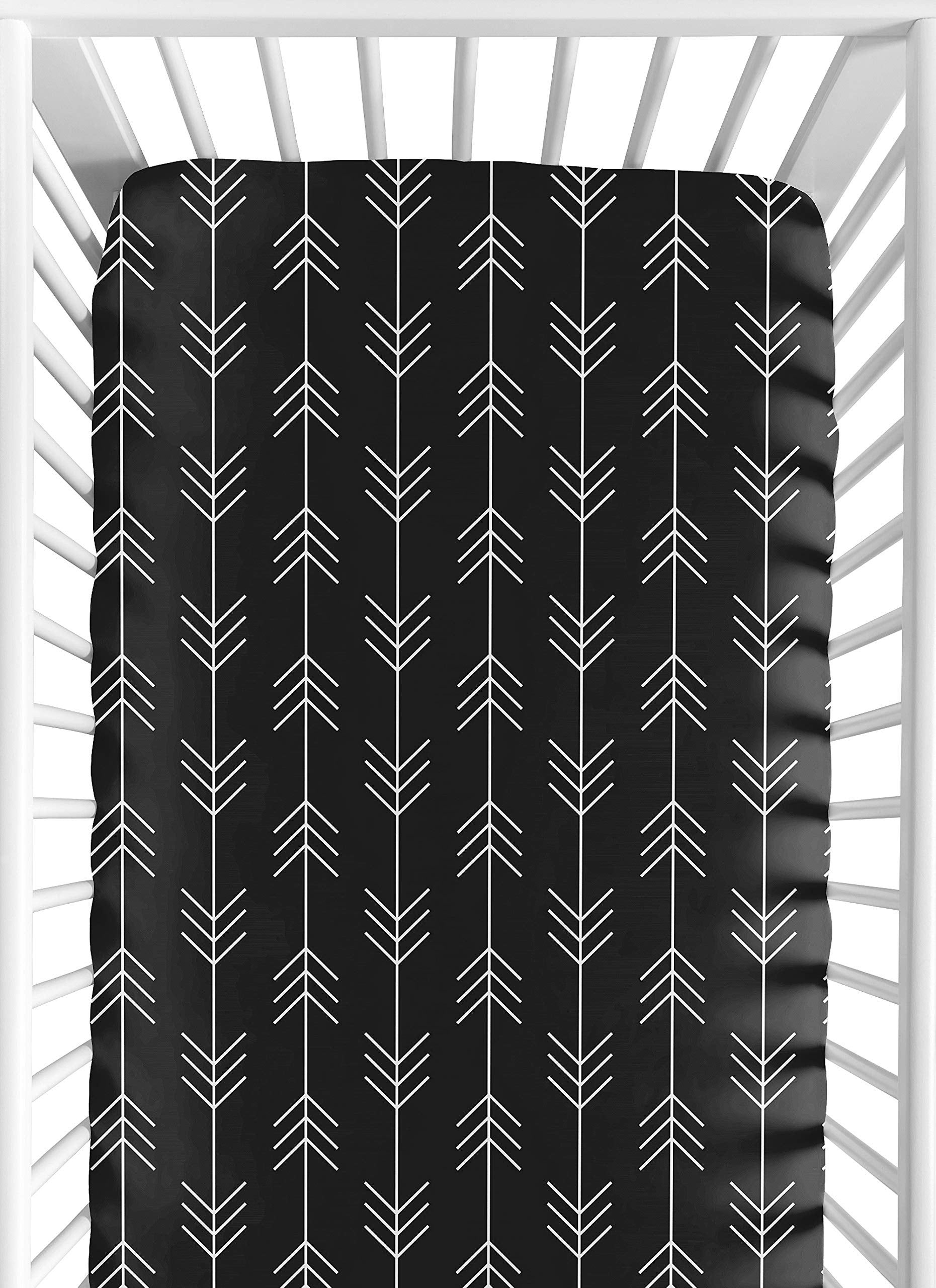Sweet Jojo Designs black-white woodland arrow crib sheet closeup shows soft brushed microfiber for cozy naps