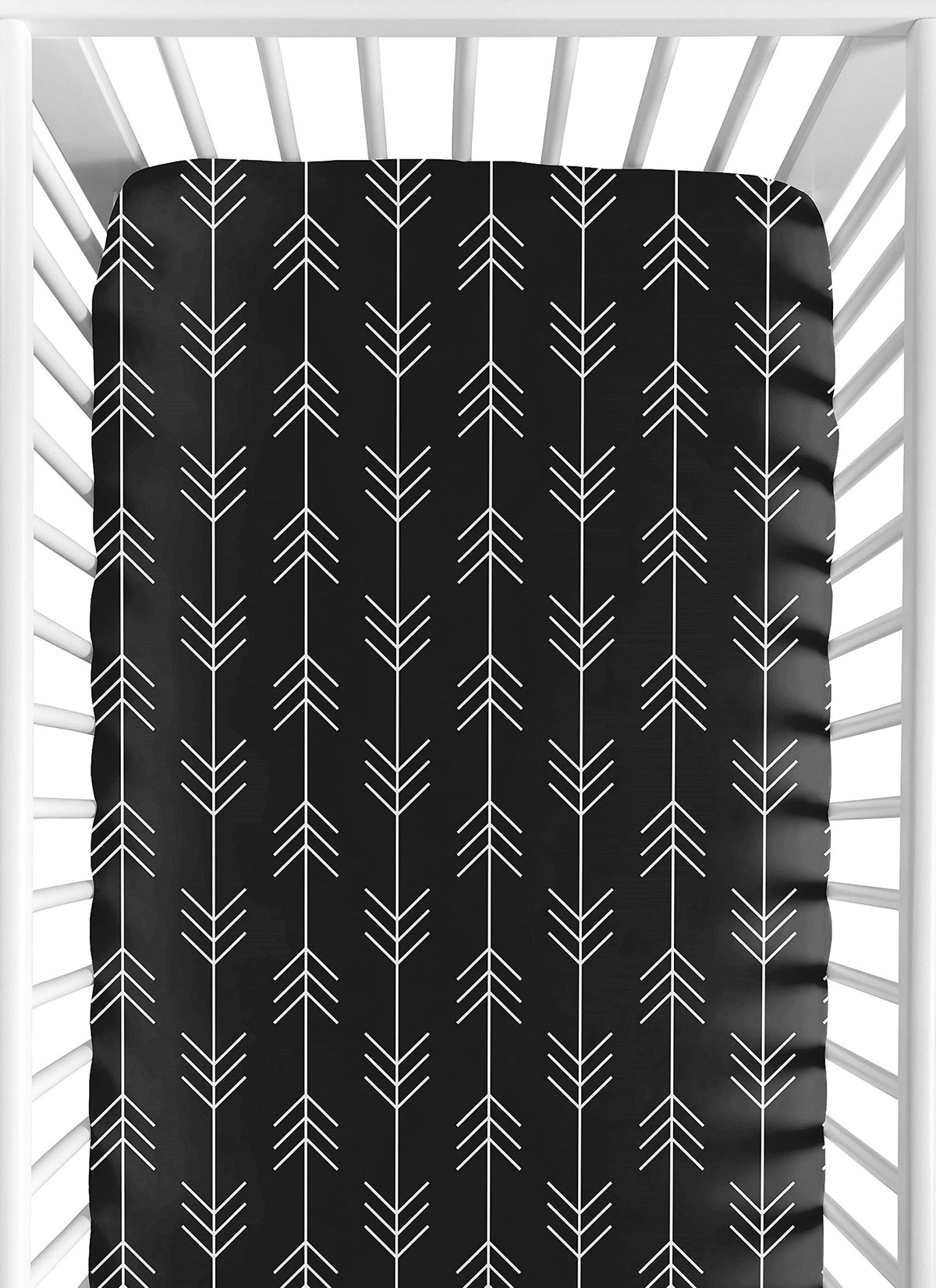 Sweet Jojo Designs black-white woodland arrow crib sheet closeup shows soft brushed microfiber for cozy naps