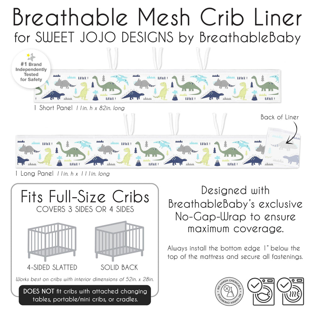 Sweet Jojo Designs blue-green mod dino coordinates with nursery decor for cohesive look.