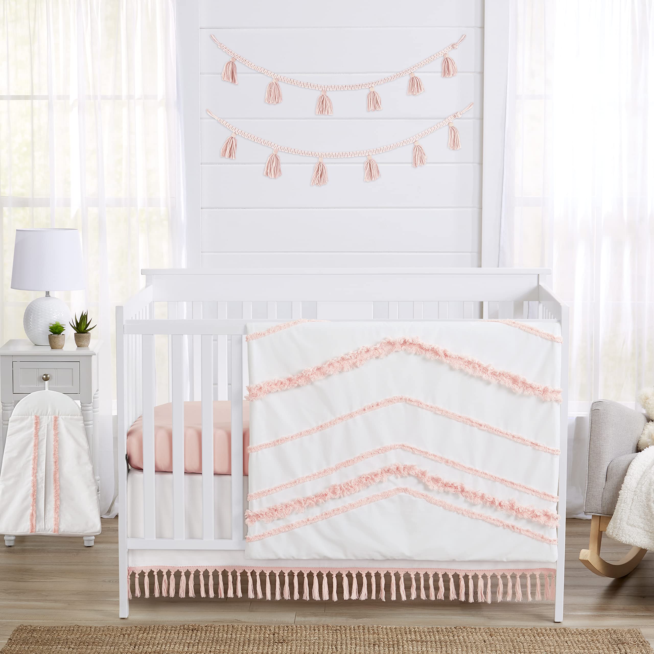 Sweet Jojo Designs boho crib skirt closeup fringe detail showing soft cotton texture.