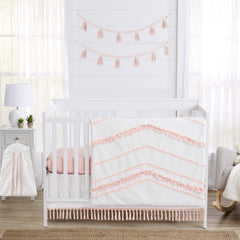 Sweet Jojo Designs boho crib skirt closeup fringe detail showing soft cotton texture.