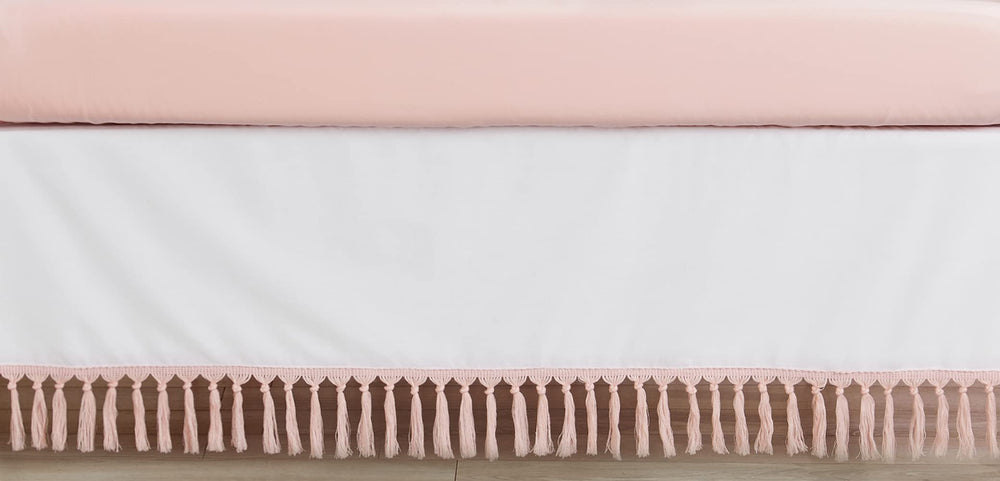 Sweet Jojo Designs boho crib skirt front view with blush fringe for cozy nursery style.