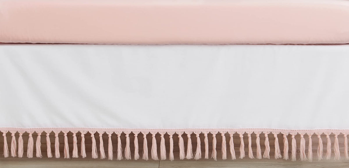 Sweet Jojo Designs boho crib skirt front view with blush fringe for cozy nursery style.
