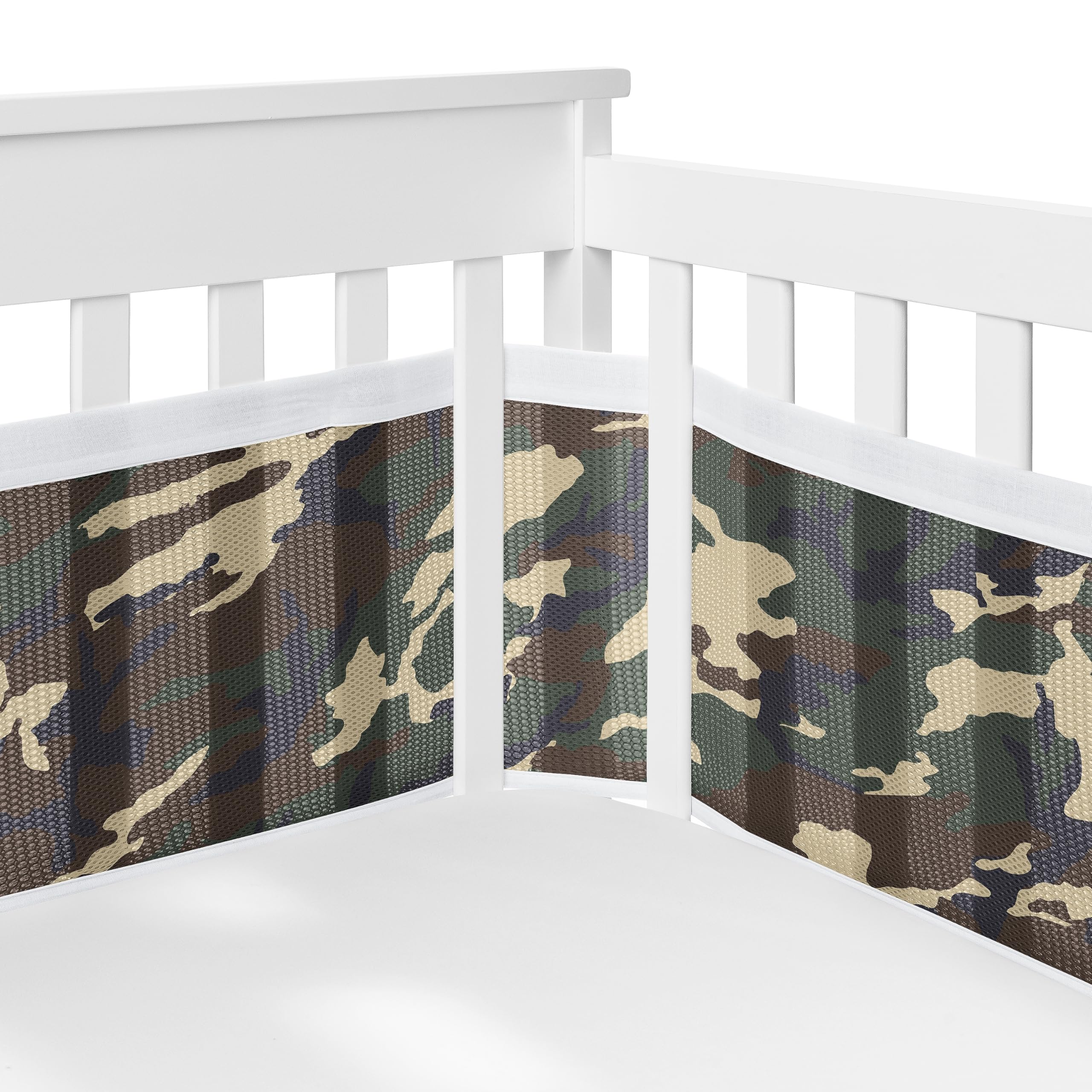 Sweet Jojo Designs breathablebaby long panel crib liner in woodland camo keeps limbs inside safely.