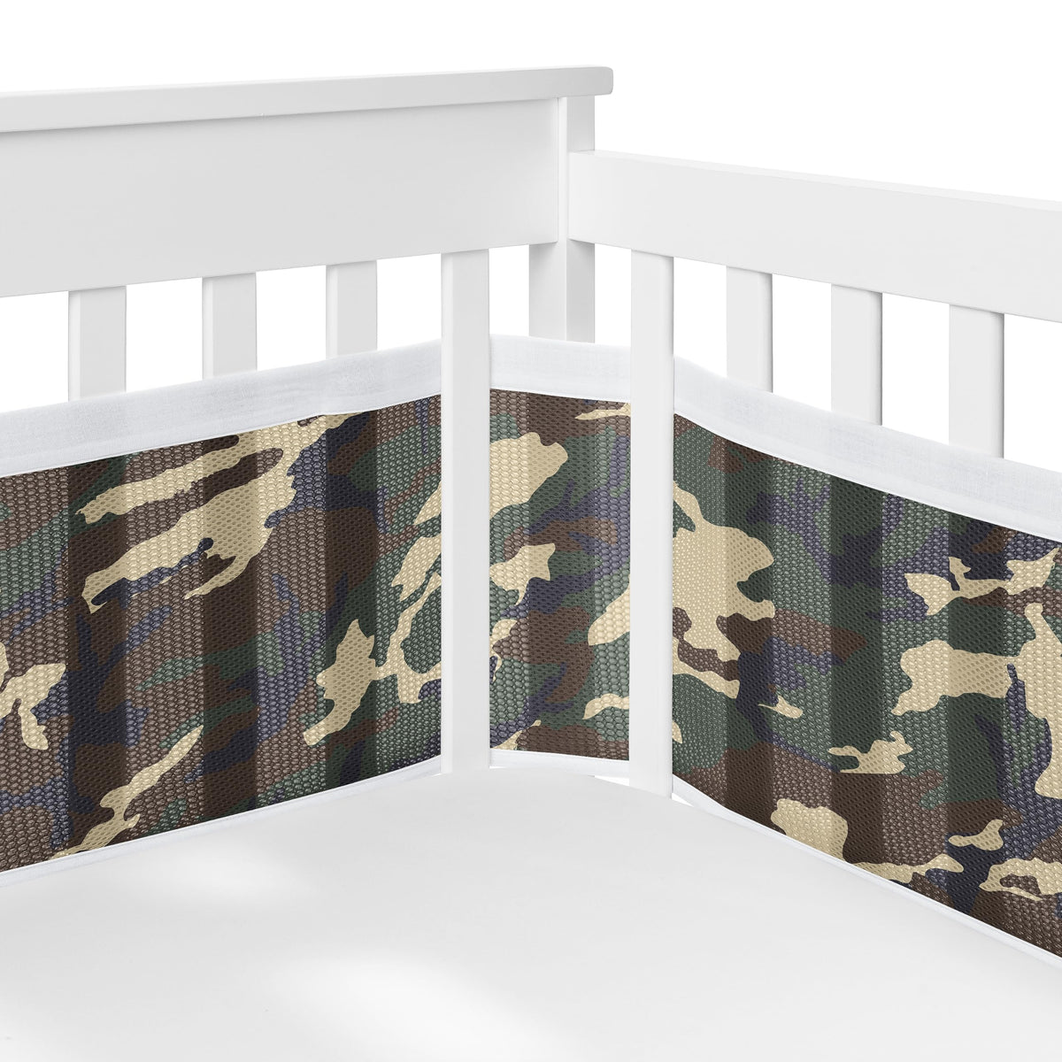 Sweet Jojo Designs breathablebaby long panel crib liner in woodland camo keeps limbs inside safely.