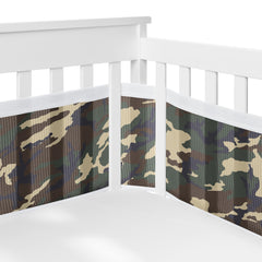 Sweet Jojo Designs breathablebaby long panel crib liner in woodland camo keeps limbs inside safely.