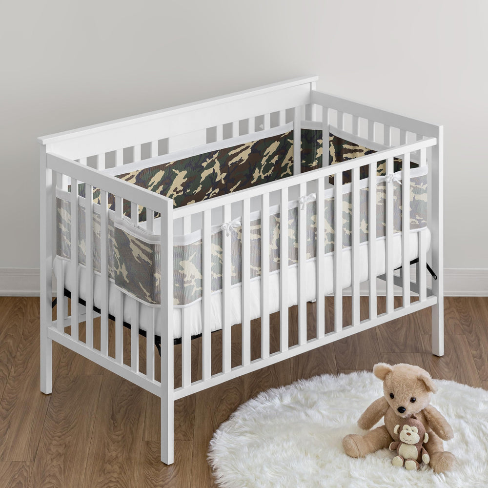Sweet Jojo Designs breathablebaby short panel crib liner woodland camo keeps pacifiers within reach.