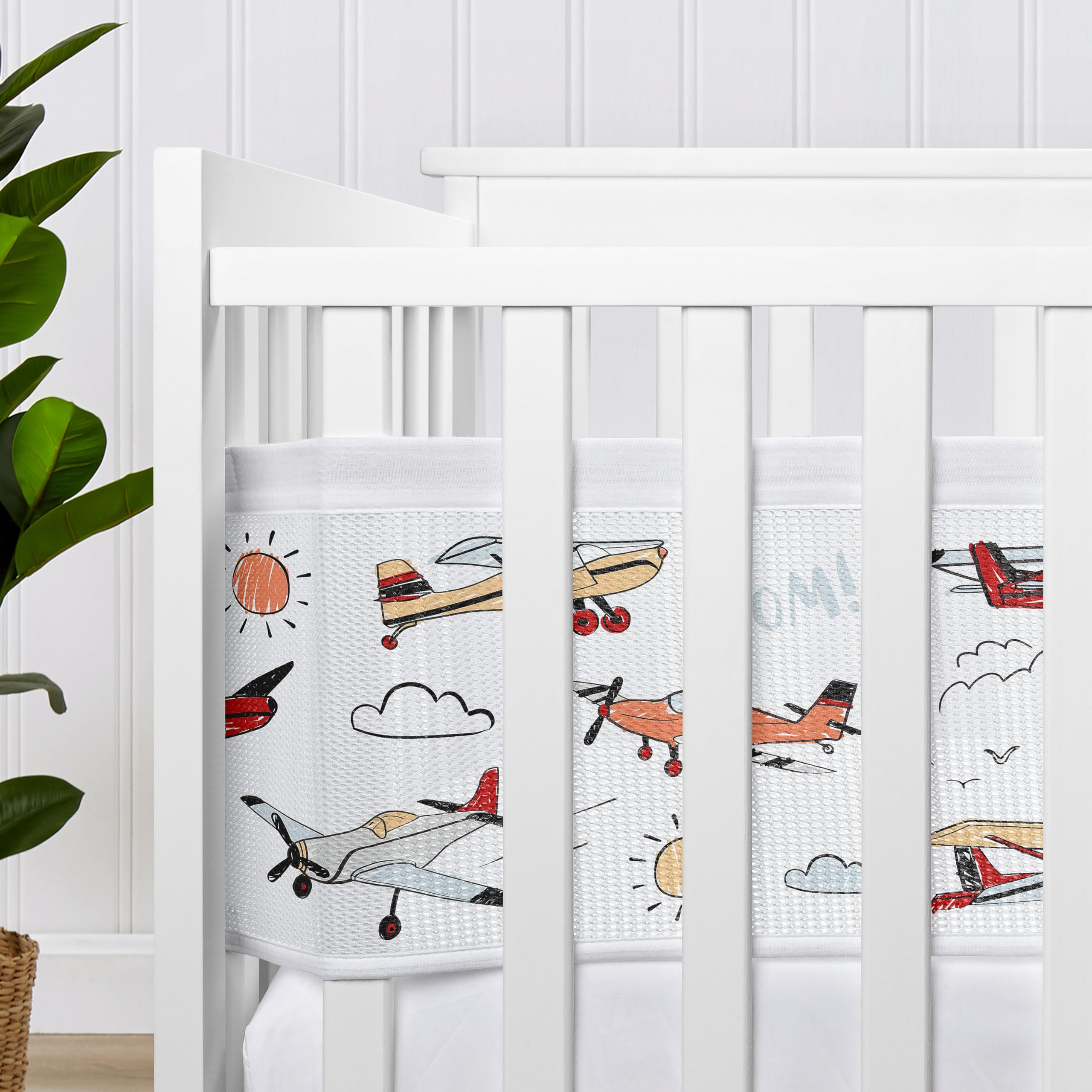 Sweet Jojo Designs breathablebaby vintage airplane crib liner-edge-attachment shows reinforced edges for durable daily use