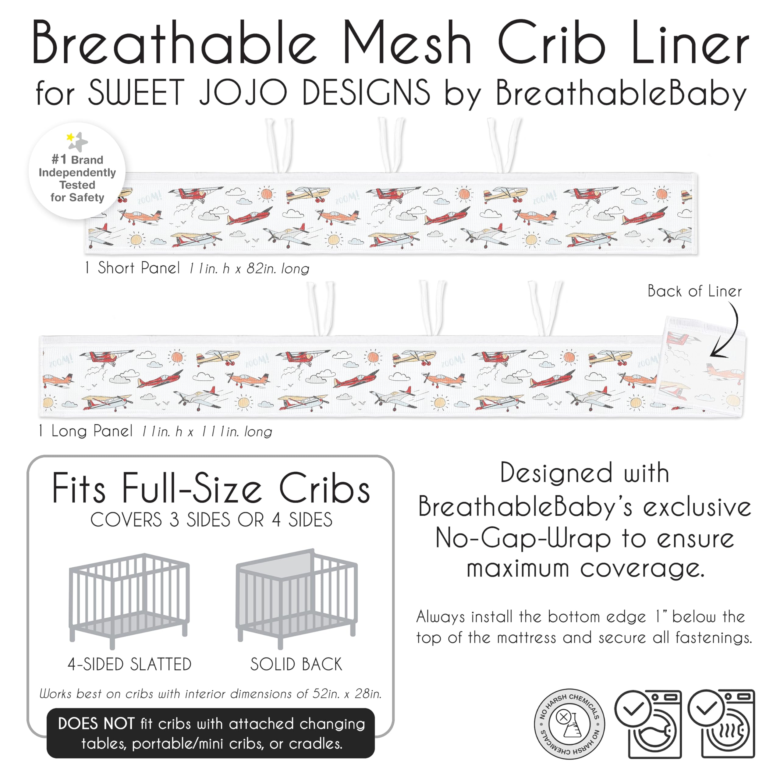 Sweet Jojo Designs breathablebaby vintage airplane crib liner-machine-wash-care highlights easy cleanup after messes