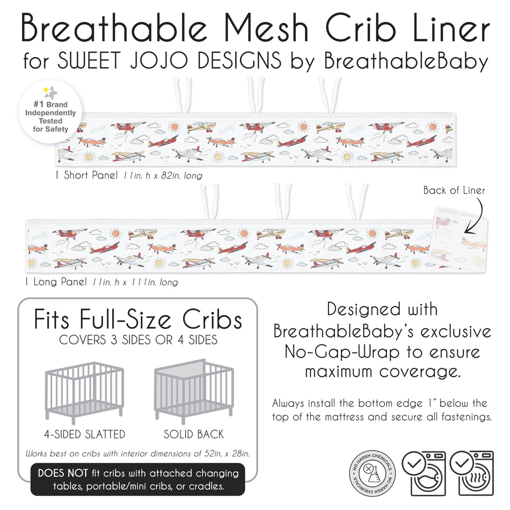 Sweet Jojo Designs breathablebaby vintage airplane crib liner-machine-wash-care highlights easy cleanup after messes