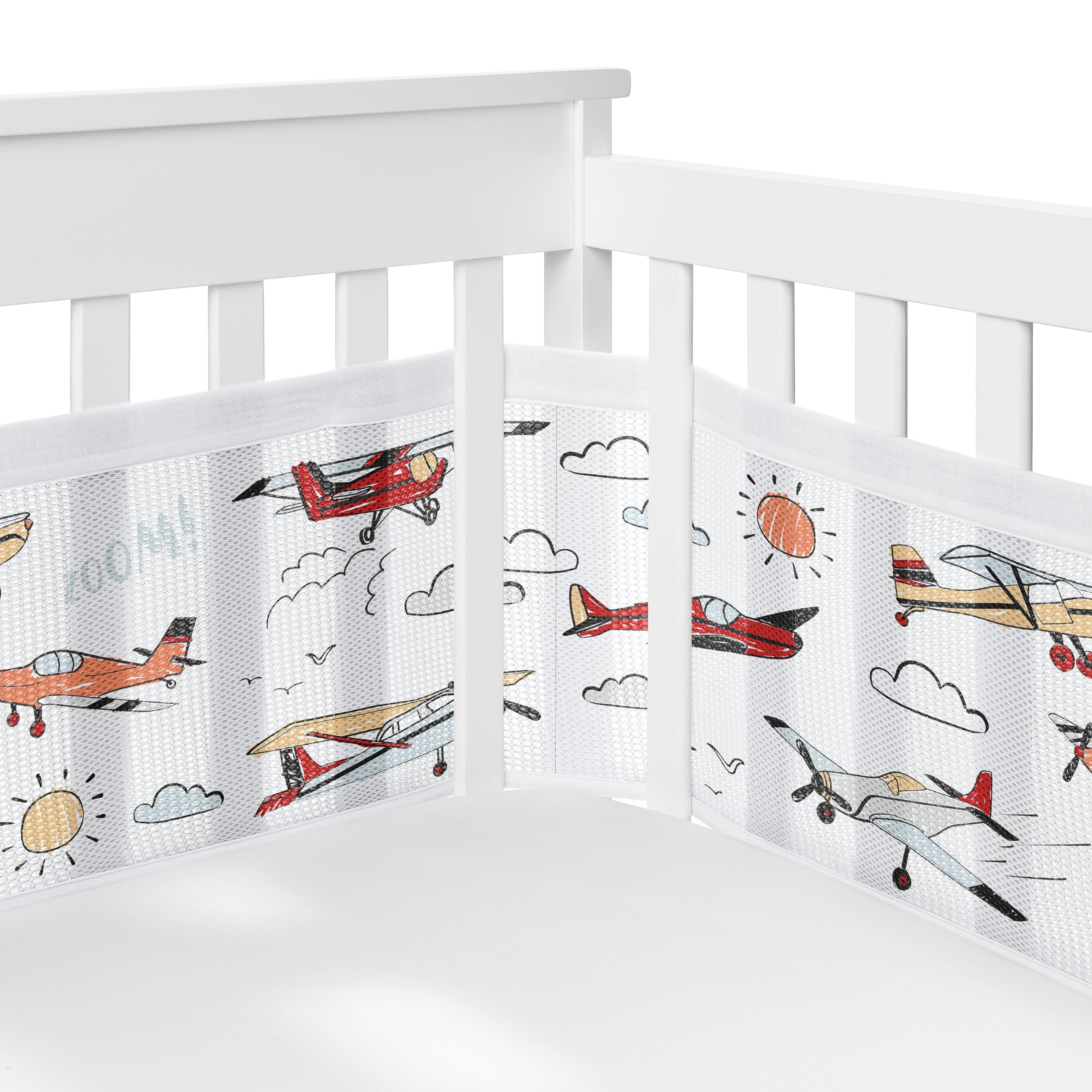 Sweet Jojo Designs breathablebaby vintage airplane crib liner mesh closeup demonstrates taut, secure fit