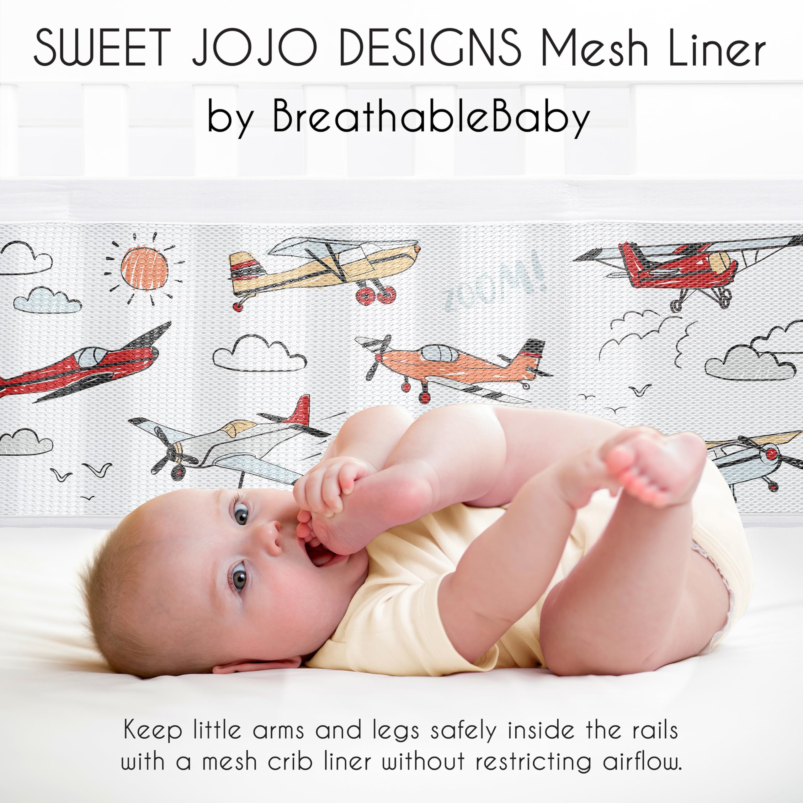 Sweet Jojo Designs breathablebaby vintage airplane crib liner-ties demonstrates easy secure attachments for safe sleep setup