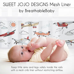 Sweet Jojo Designs breathablebaby vintage airplane crib liner-ties demonstrates easy secure attachments for safe sleep setup