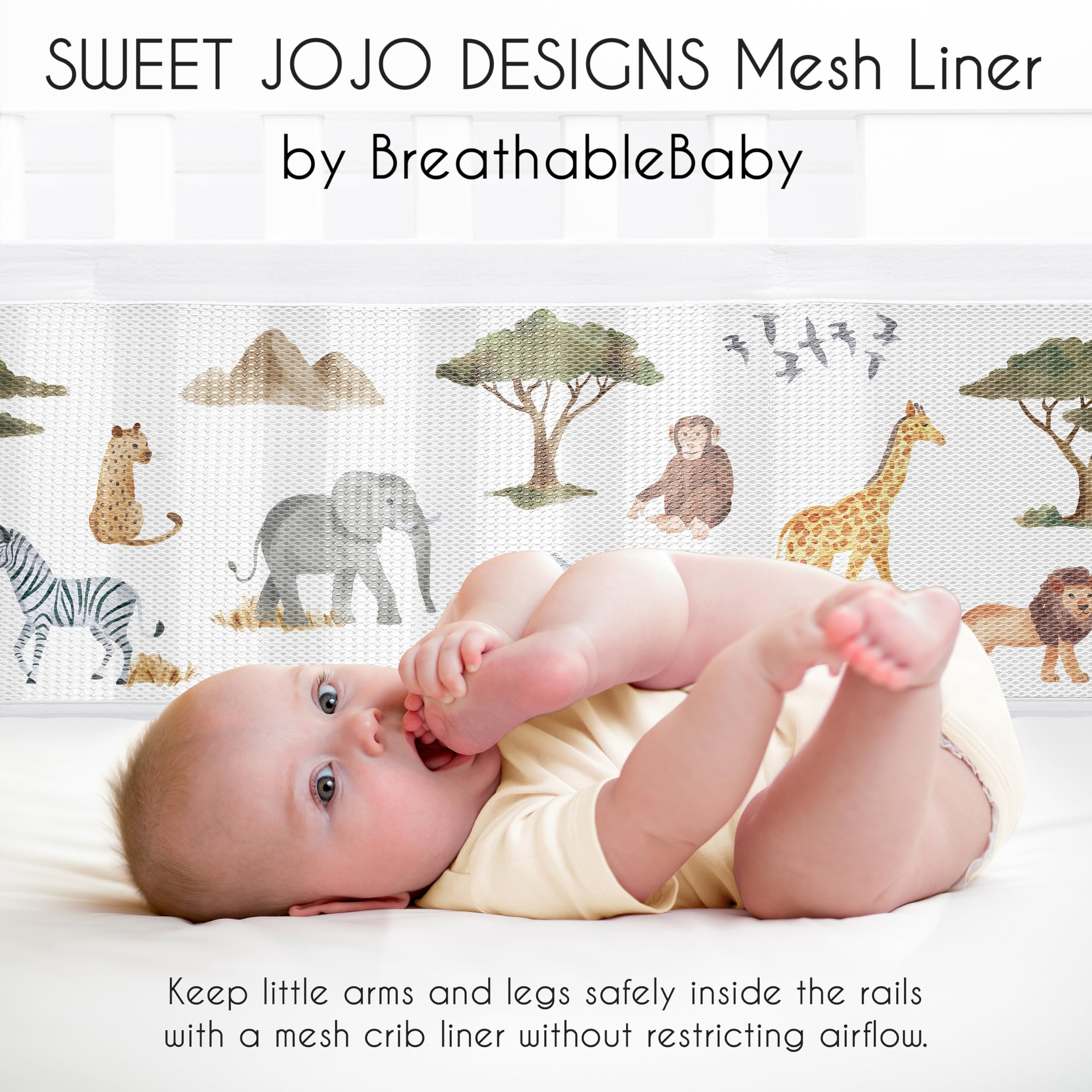 Sweet Jojo Designs breathable mesh crib liner showing cheetahs and leopards with light-blocking mesh.