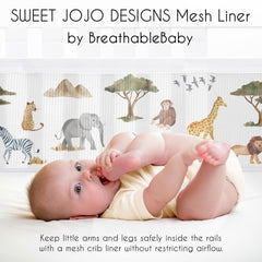 Sweet Jojo Designs breathable mesh crib liner showing cheetahs and leopards with light-blocking mesh.